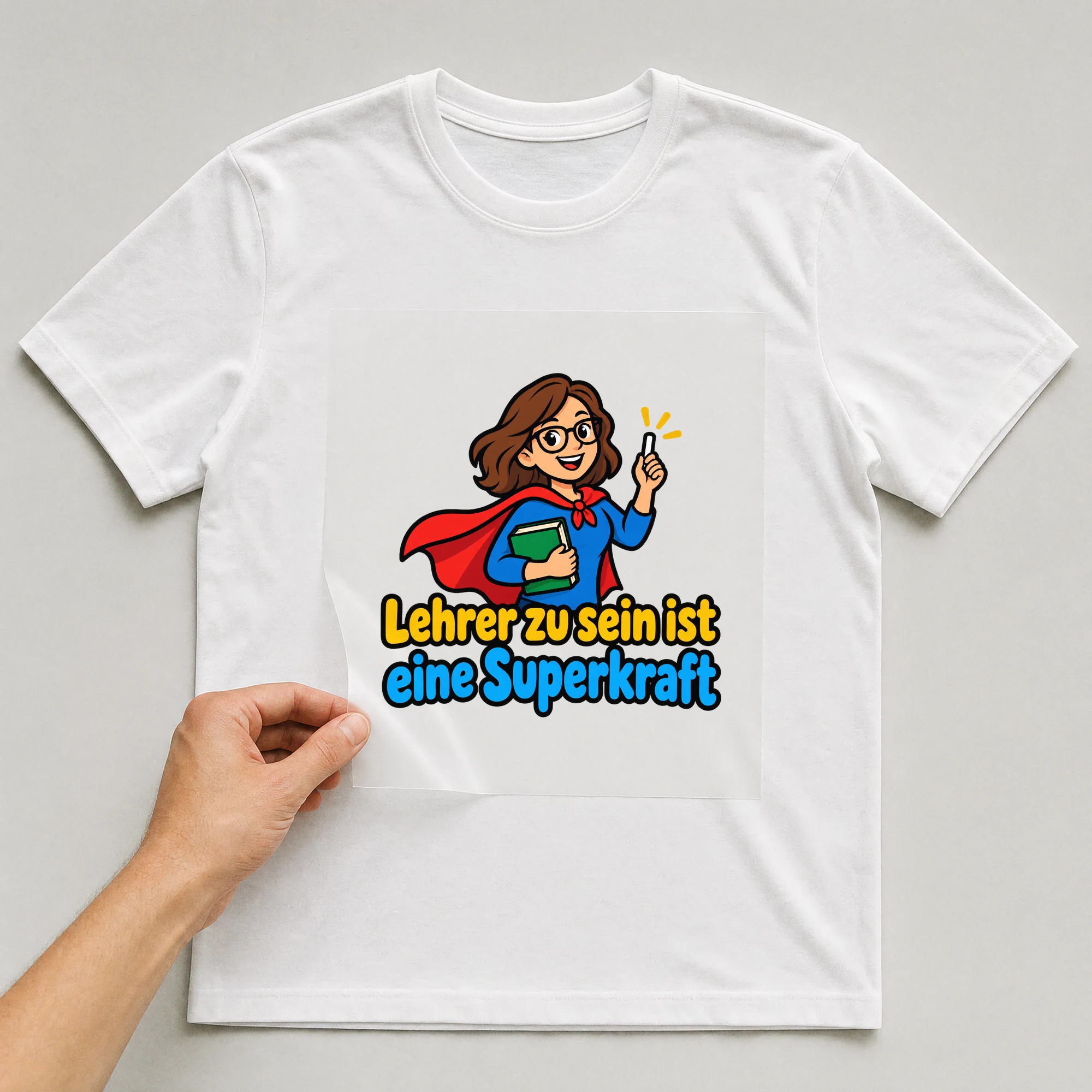 Bügelbild „Lehrer zu sein ist eine Superkraft“ auf weißem T-Shirt, Folie wird aufgelegt