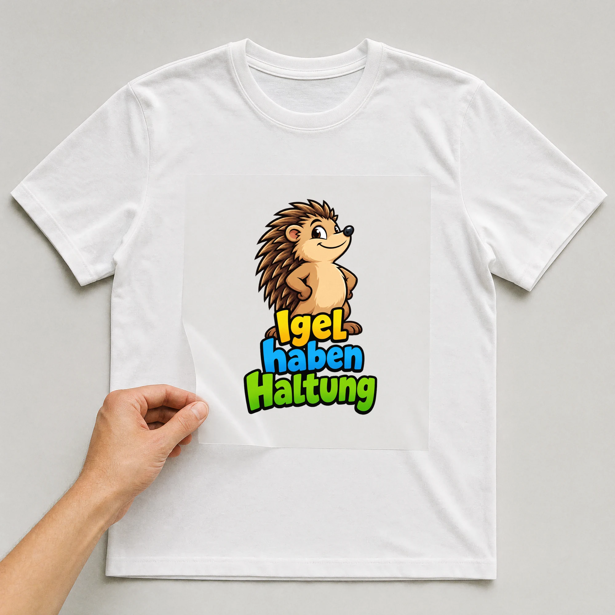 Bügelbild „Igel haben Haltung“ auf weißem T-Shirt, Folie wird aufgelegt