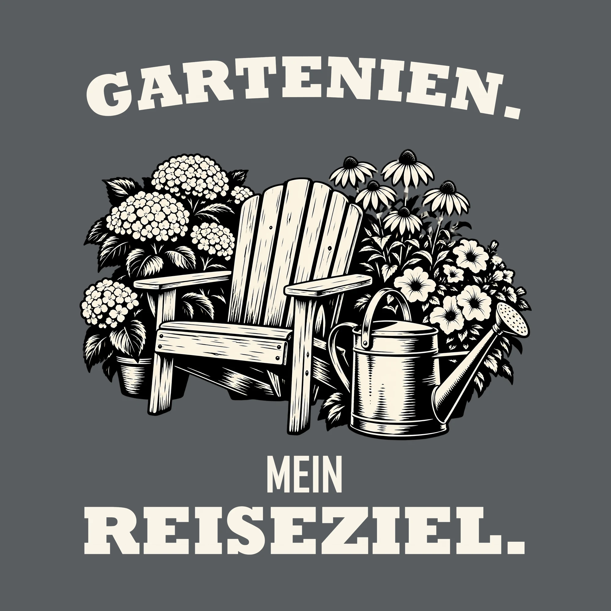 Bügelbild GARTENIEN. MEIN REISEZIEL. als Grafik auf dunklem Hintergrund (BB013201)