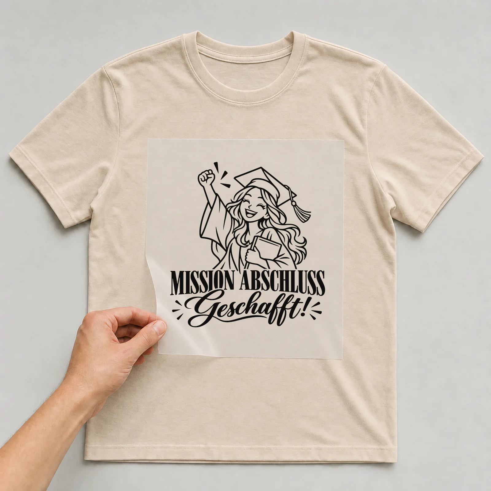 Bügelbild „Mission Abschluss Geschafft!“ auf beigem T-Shirt, Folie wird aufgelegt
