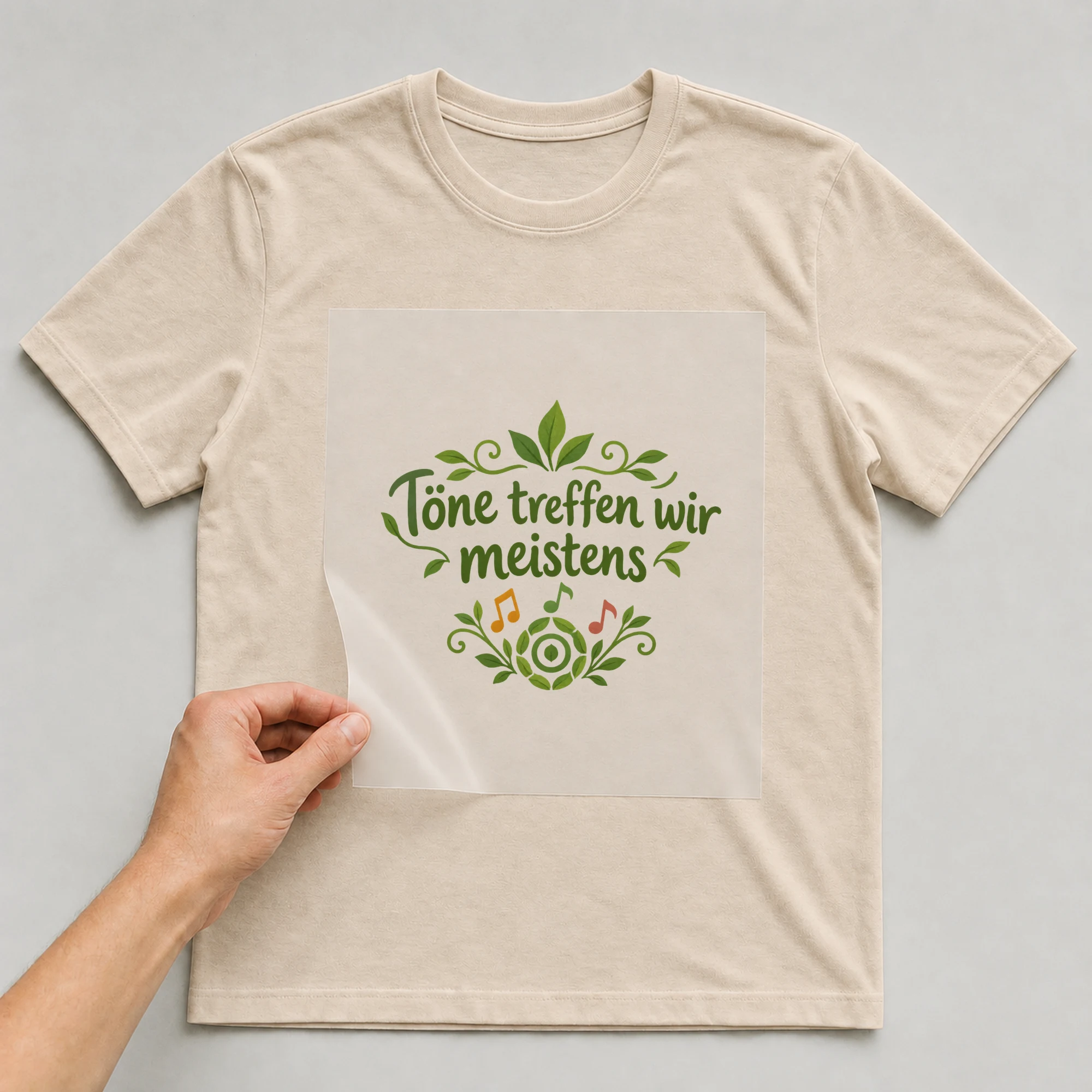 Bügelbild „Töne treffen wir meistens“ auf beigem T-Shirt, Folie wird aufgelegt