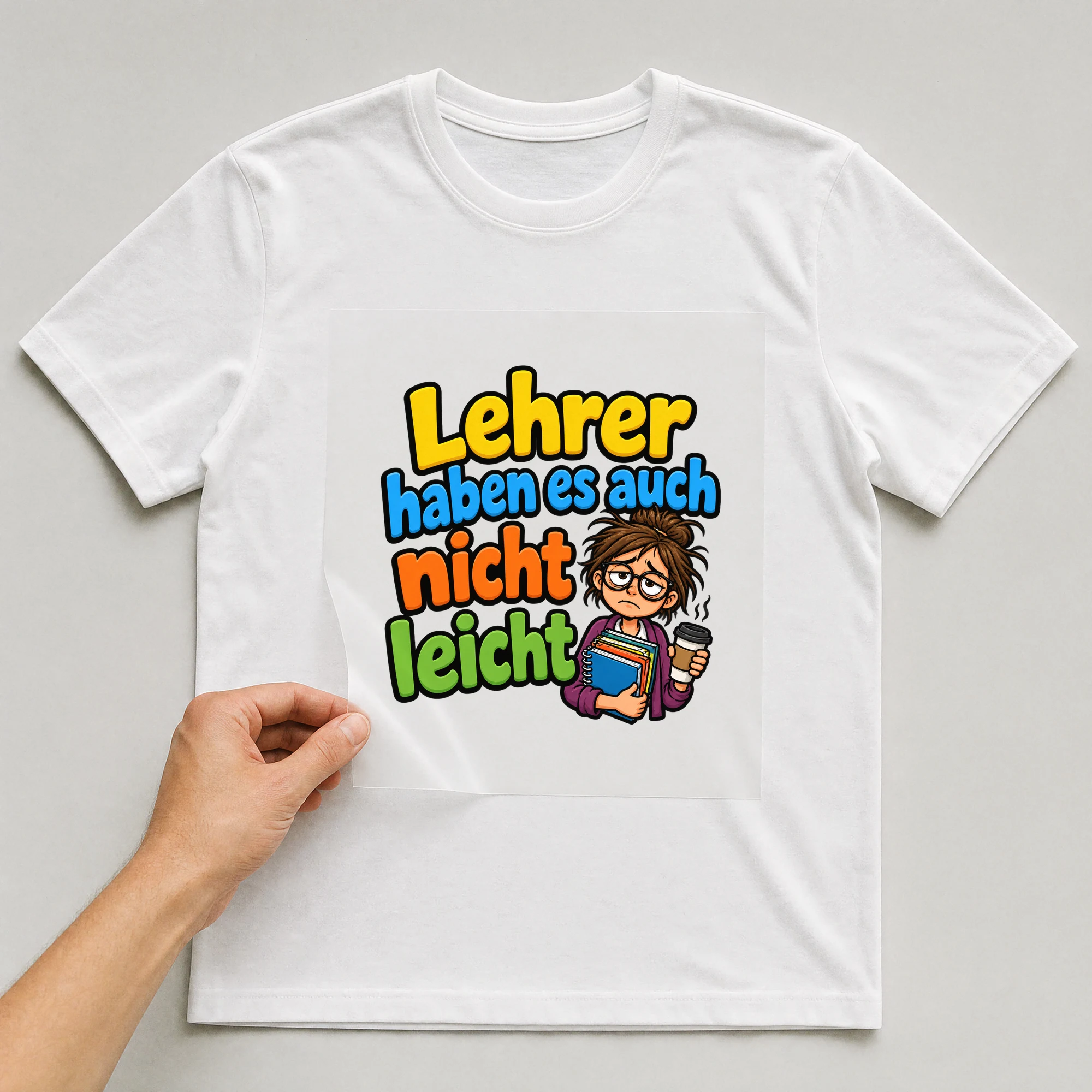 Bügelbild „Lehrer haben es auch nicht leicht“ auf weißem T-Shirt, Folie wird aufgelegt