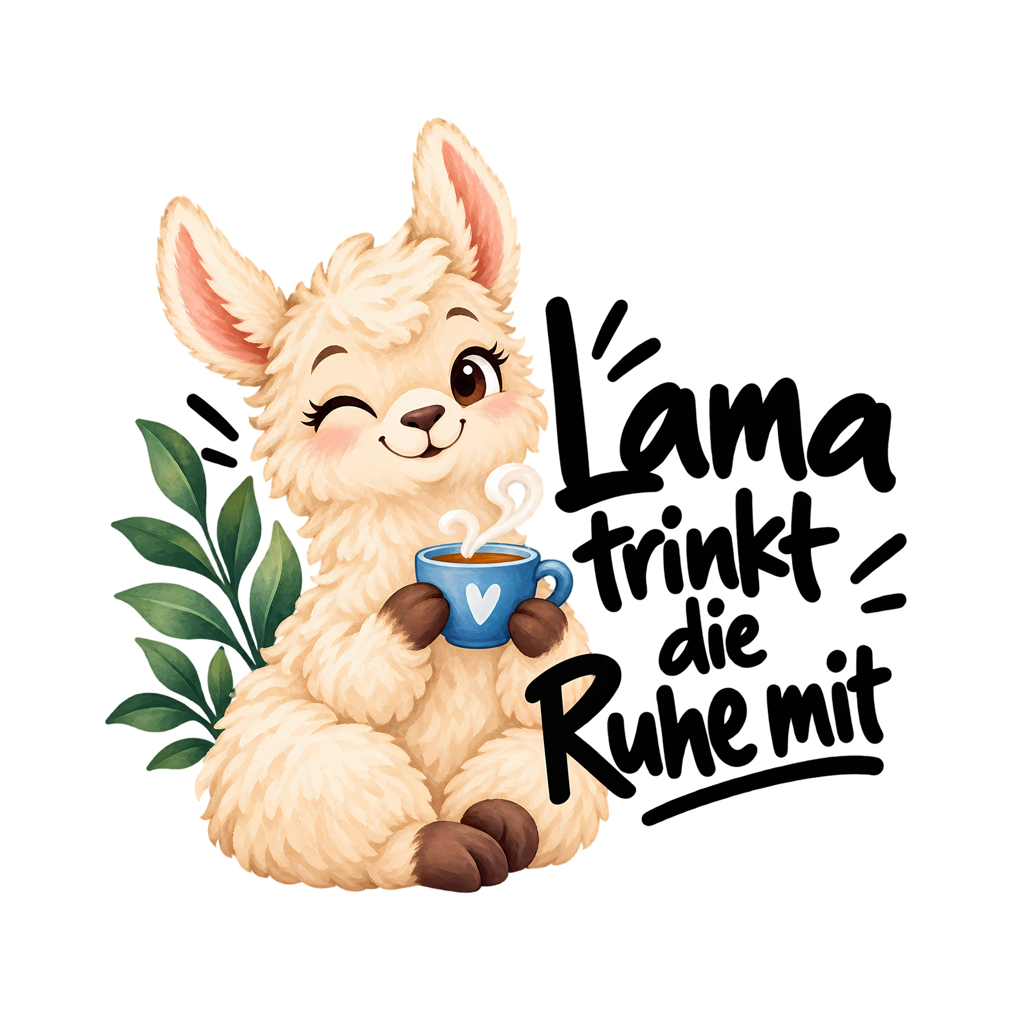 Bügelbild Lama trinkt die Ruhe mit als Grafik auf weißem Hintergrund (BB012220)