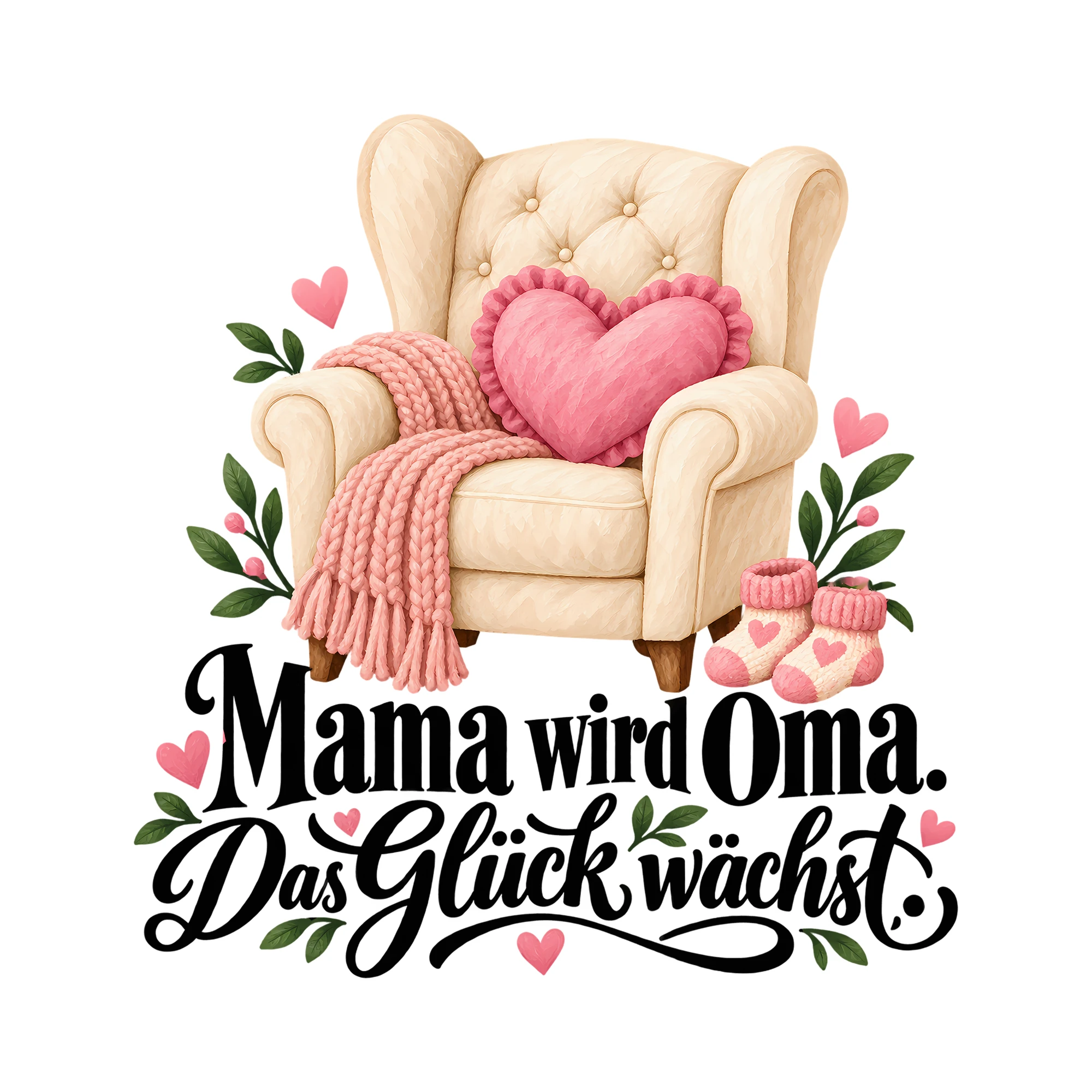 Bügelbild Mama wird Oma. Das Glück wächst. als Grafik auf weißem Hintergrund (BB012530)