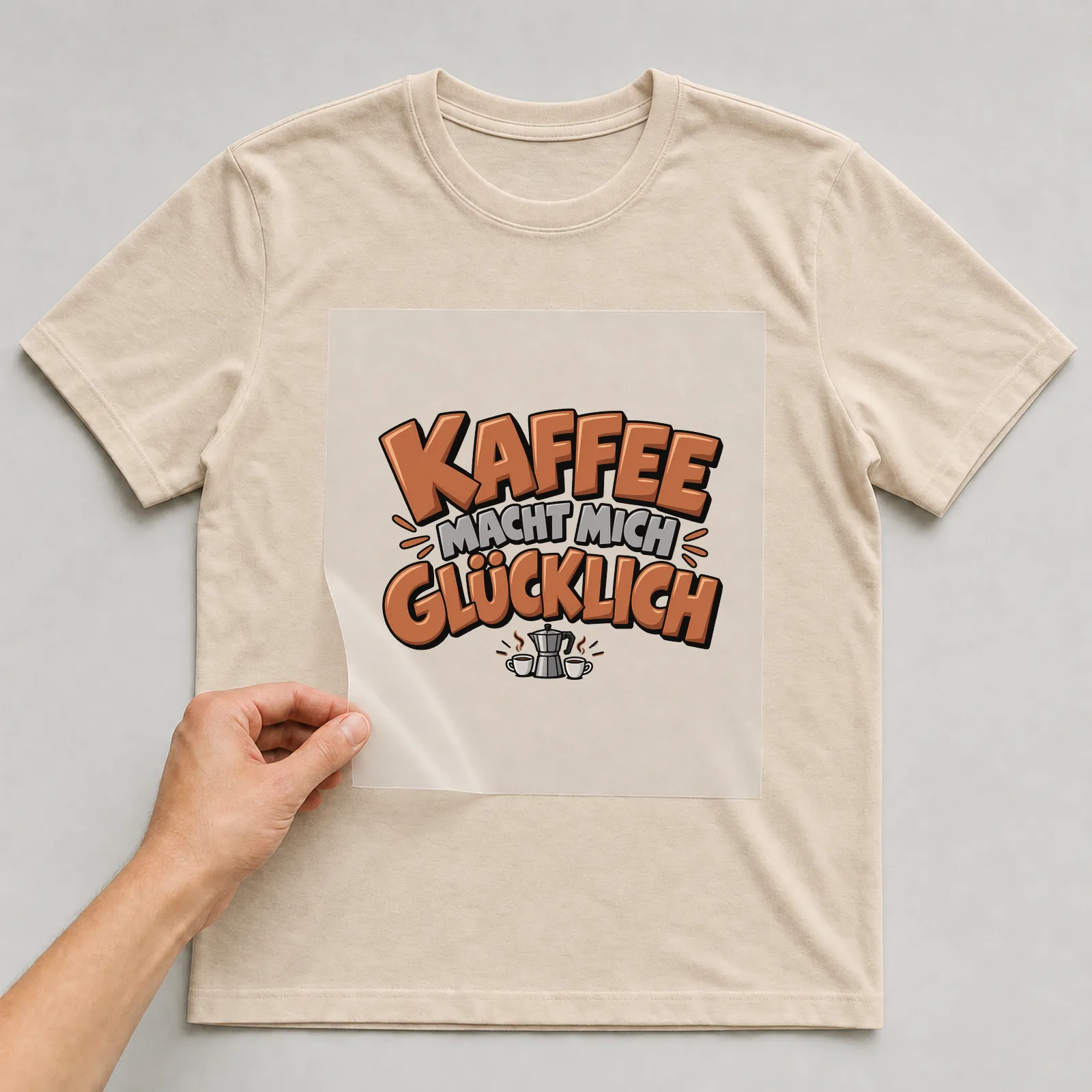 Bügelbild „Kaffee macht mich glücklich“ auf beigem T-Shirt, Folie wird aufgelegt
