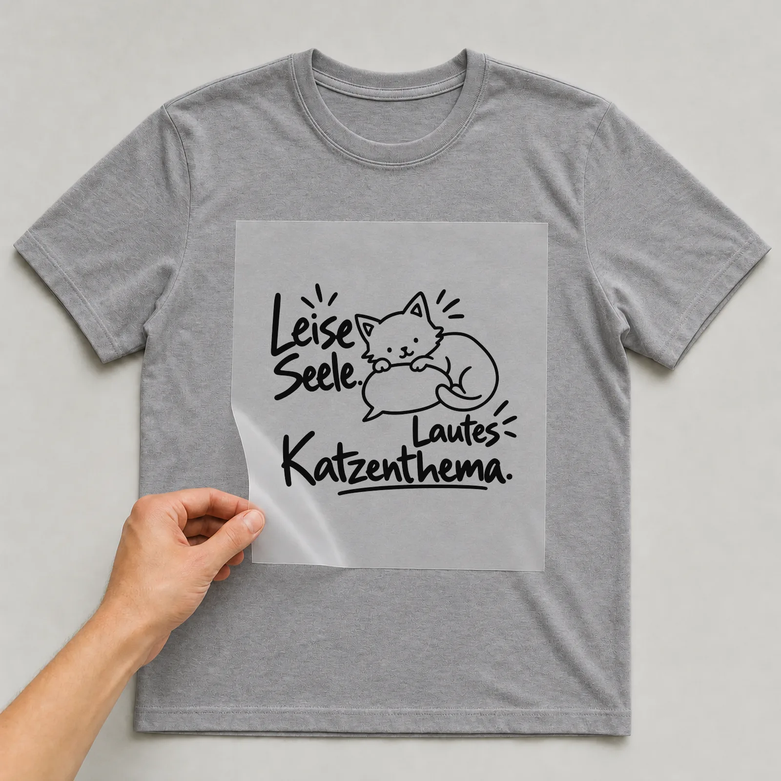Bügelbild „Leise Seele. Lautes Katzenthema.“ auf grauem T-Shirt, Folie wird aufgelegt