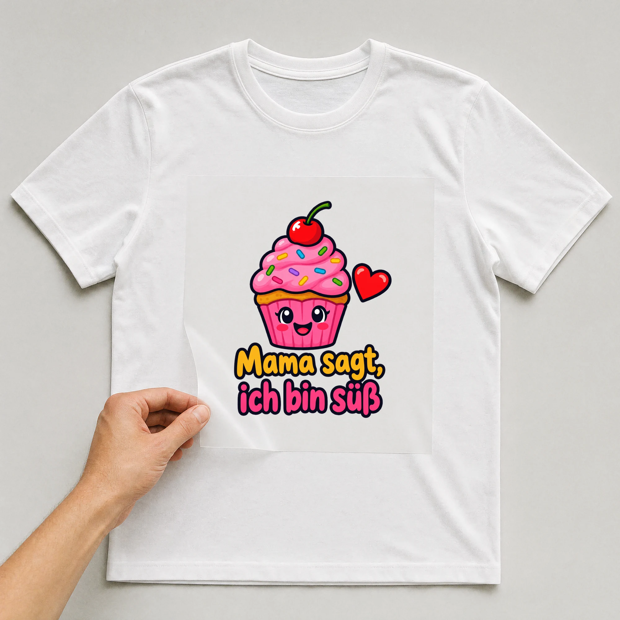 Bügelbild „Mama sagt, ich bin süß“ auf weißem T-Shirt, Folie wird aufgelegt