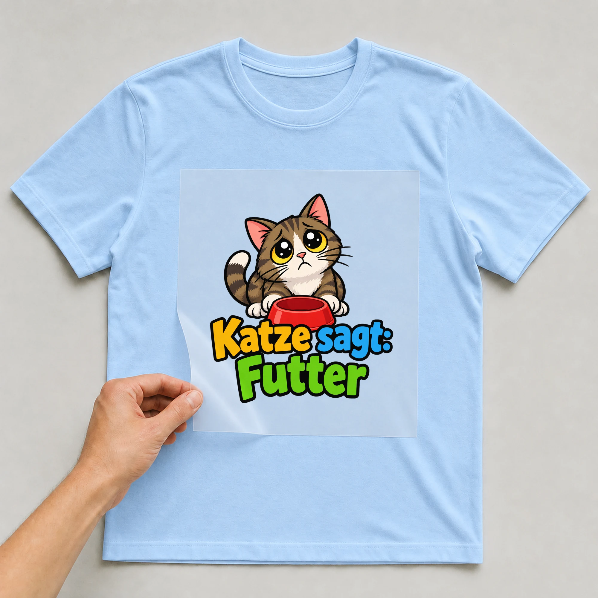 Bügelbild „Katze sagt: Futter“ auf babyblauem T-Shirt, Folie wird aufgelegt