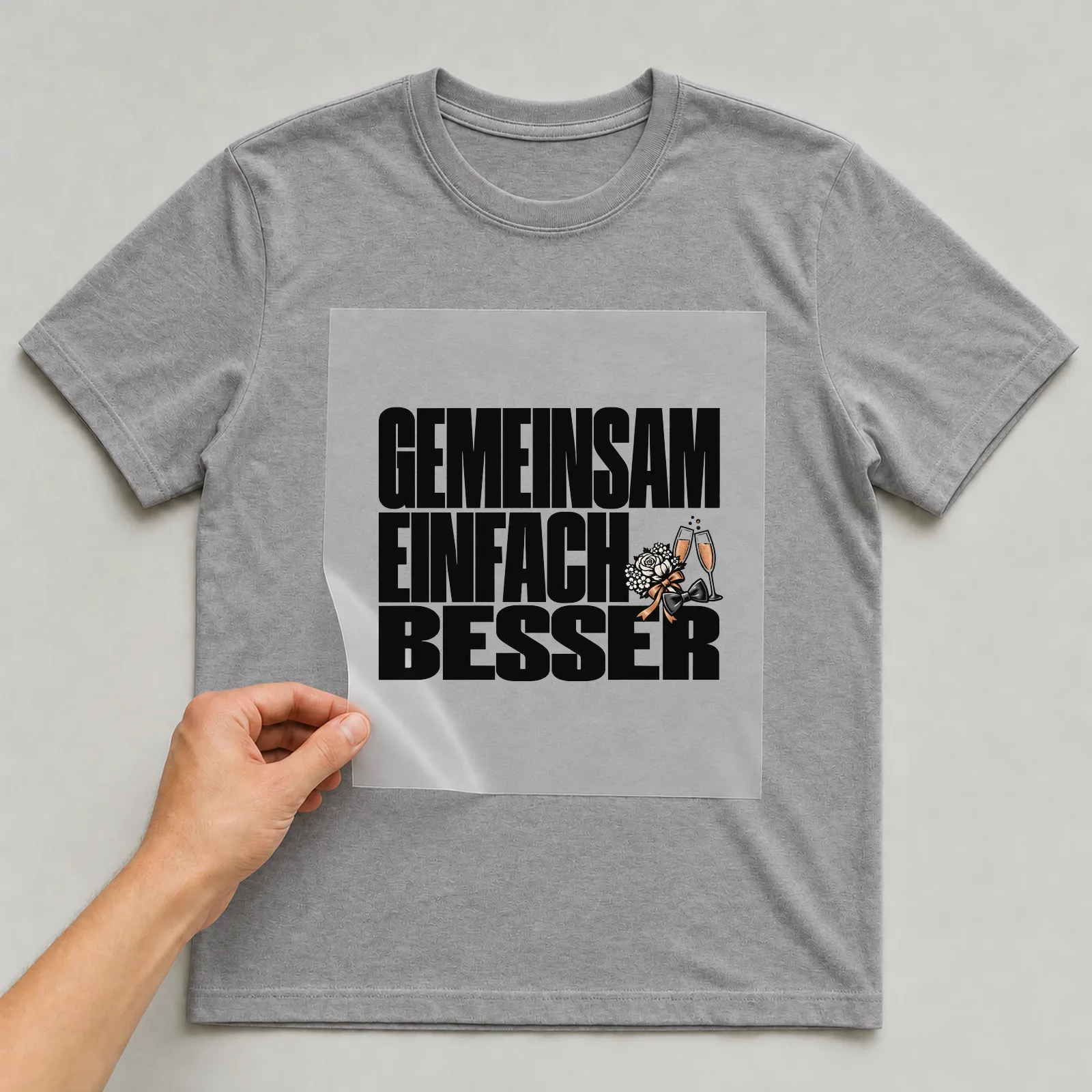 Bügelbild „Gemeinsam einfach besser“ (kompakter Plakatschrift) auf grauem T-Shirt, Folie wird aufgelegt