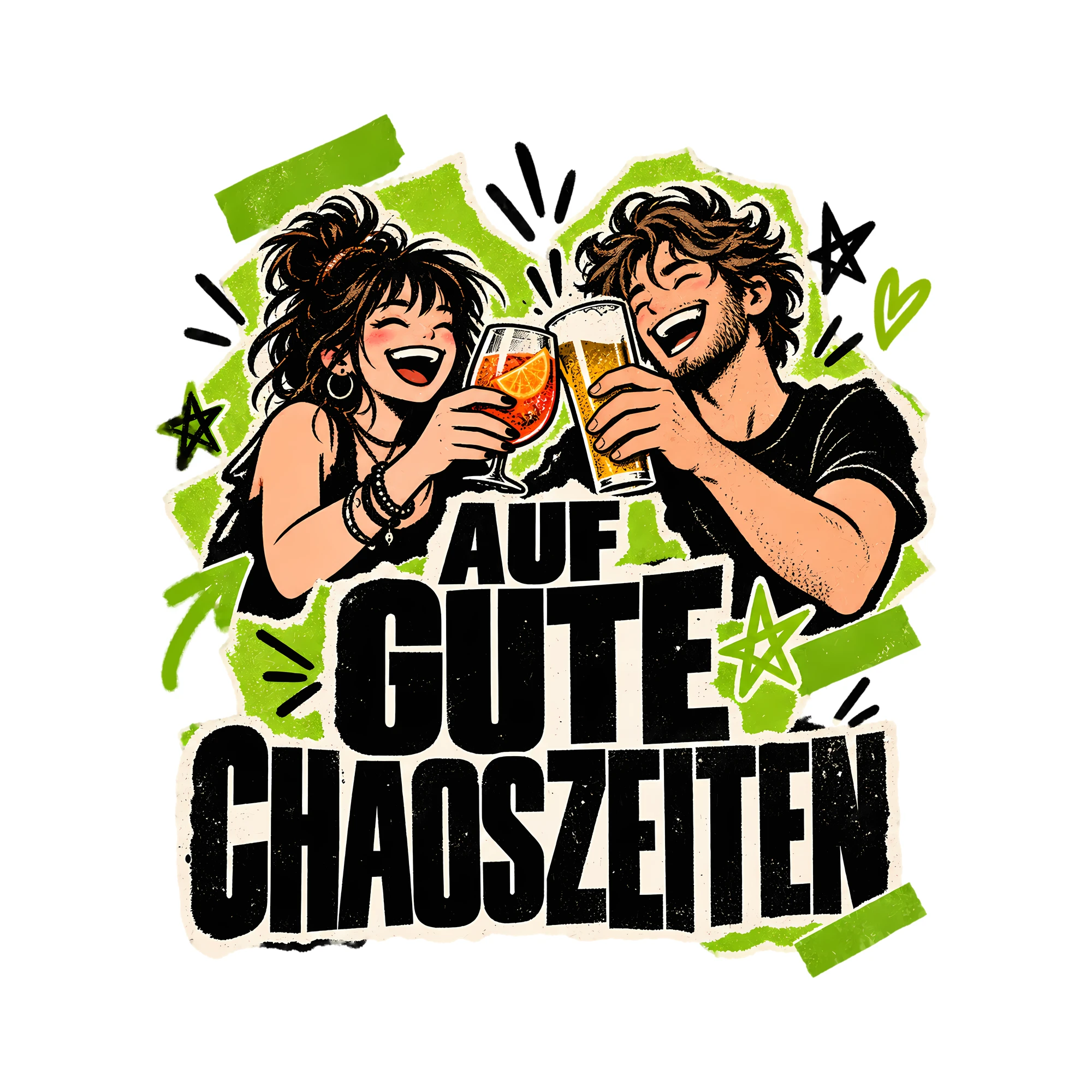 Bügelbild Auf gute Chaoszeiten als Grafik auf weißem Hintergrund (BB011871)
