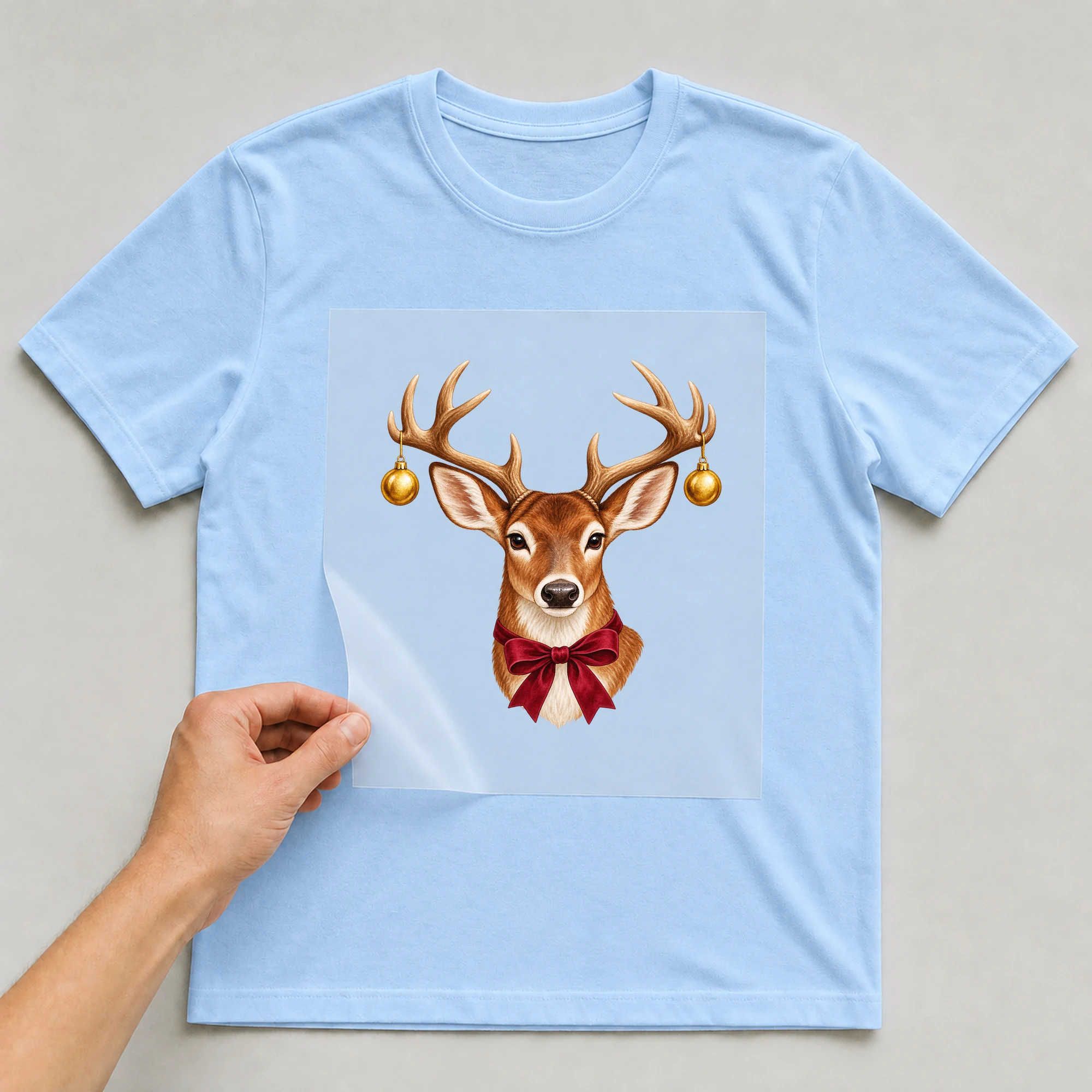 Bügelbild „Hirschgeweih Weihnachten“ auf babyblauem T-Shirt, Folie wird aufgelegt