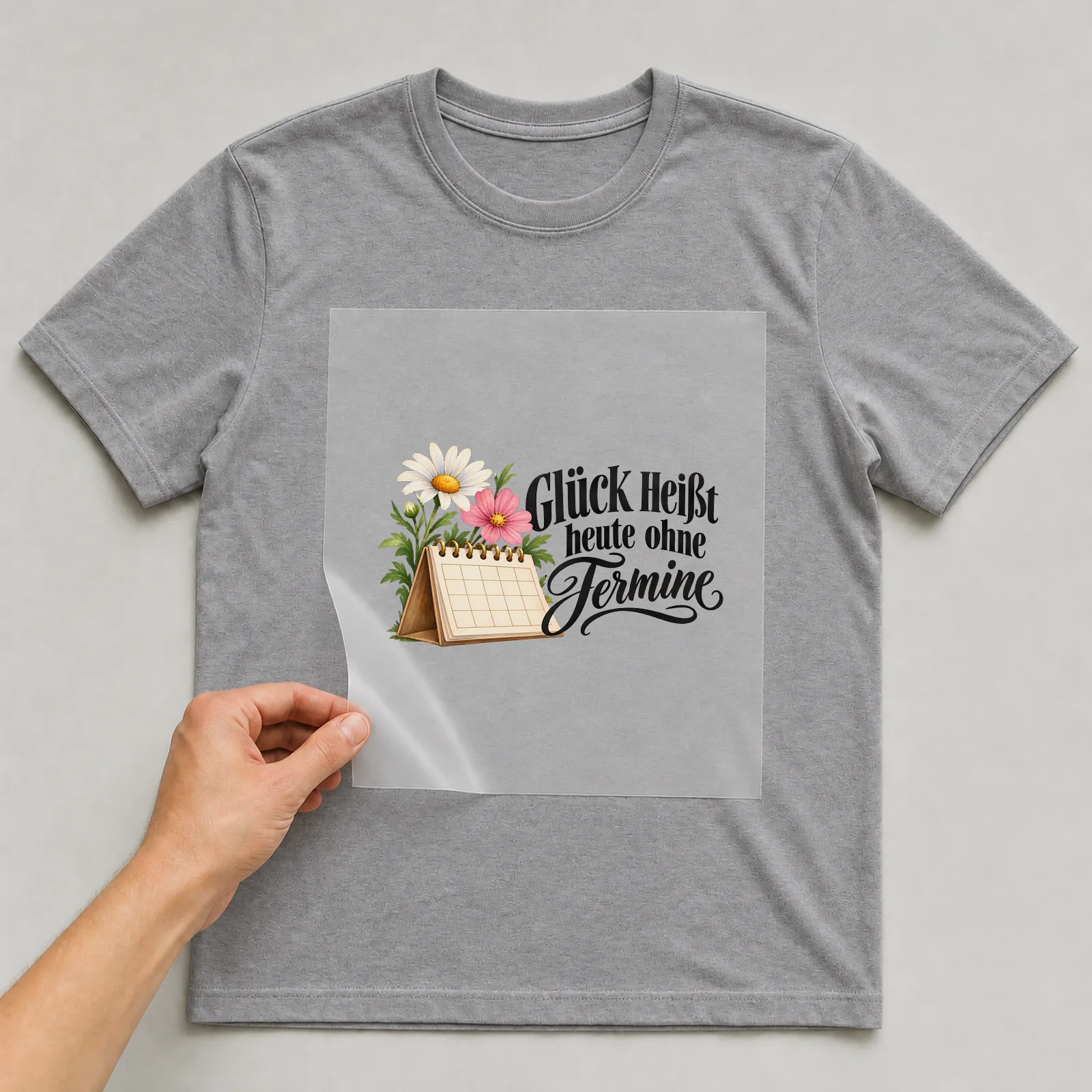 Bügelbild „Glück heißt heute ohne Termine“ auf grauem T-Shirt, Folie wird aufgelegt