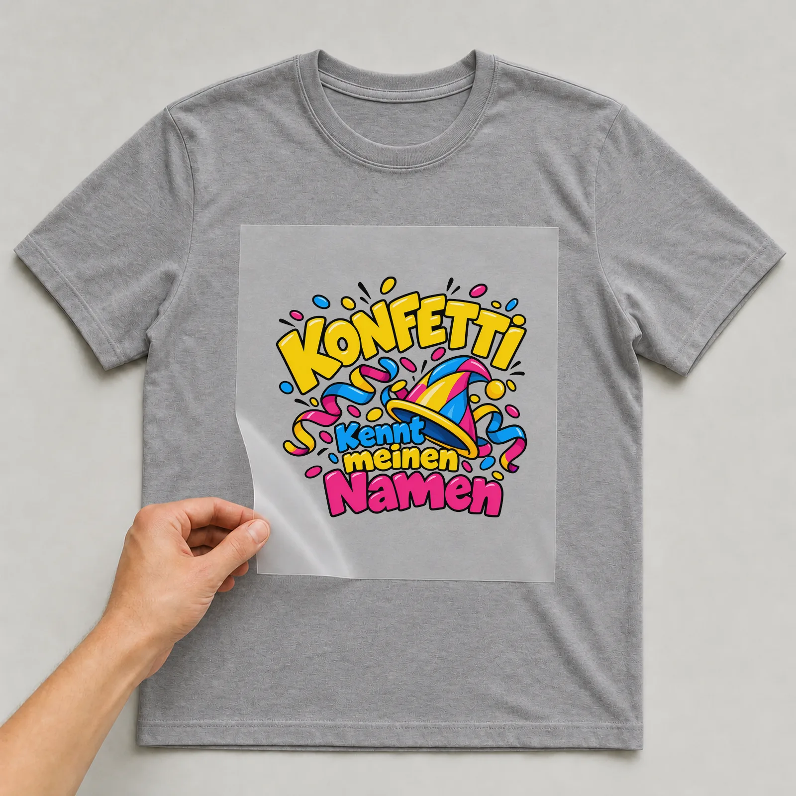 Bügelbild „Konfetti kennt meinen Namen“ auf grauem T-Shirt, Folie wird aufgelegt