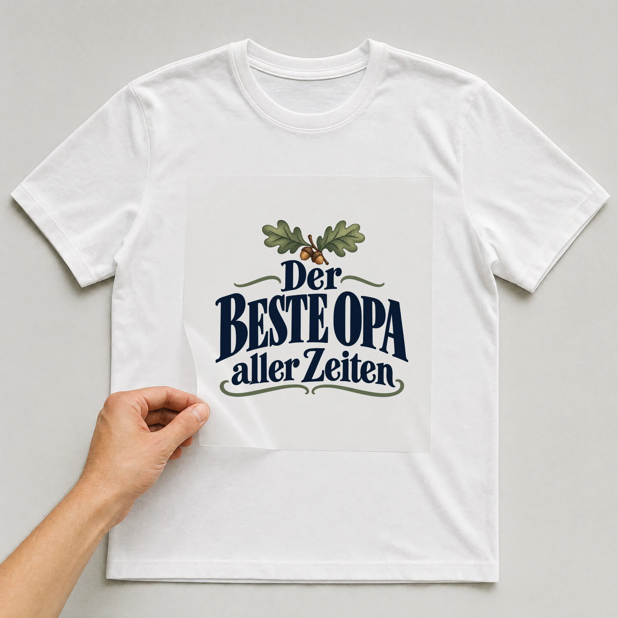Bügelbild „Der Beste Opa Aller Zeiten“ auf weißem T-Shirt, Folie wird aufgelegt