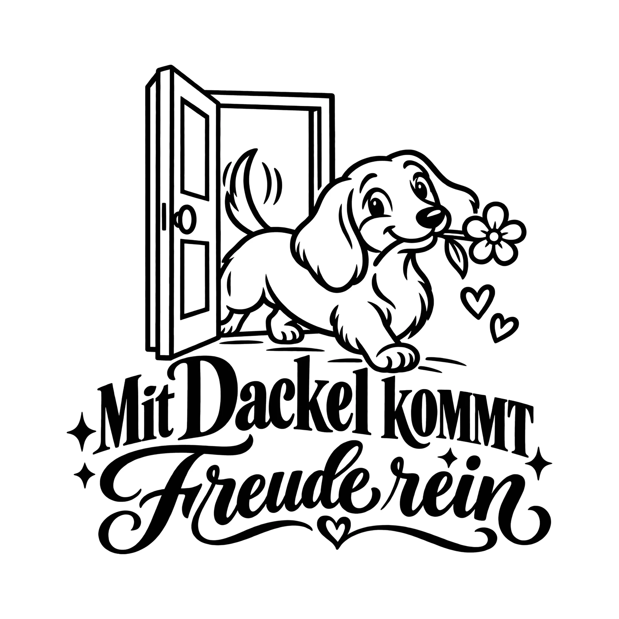 Bügelbild Mit Dackel kommt Freude rein als Grafik auf weißem Hintergrund (BB012930)