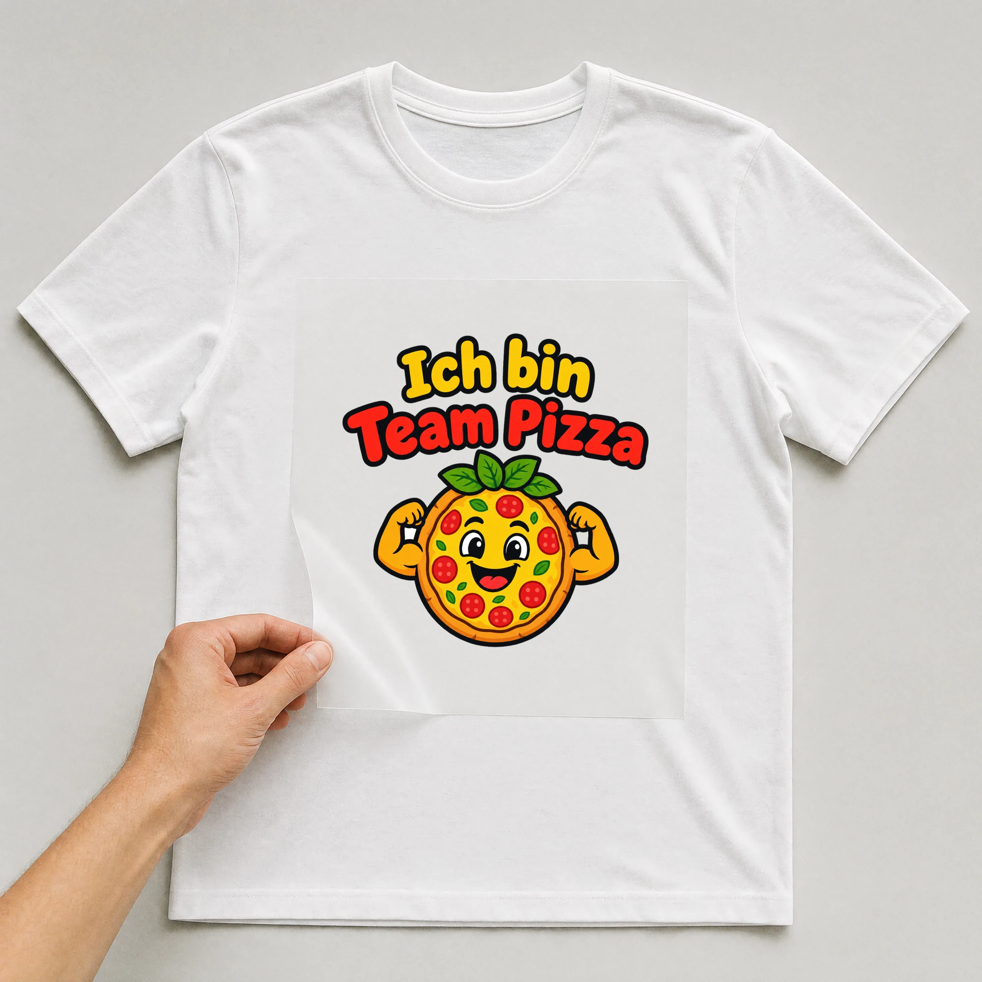 Bügelbild „Ich bin Team Pizza“ auf weißem T-Shirt, Folie wird aufgelegt
