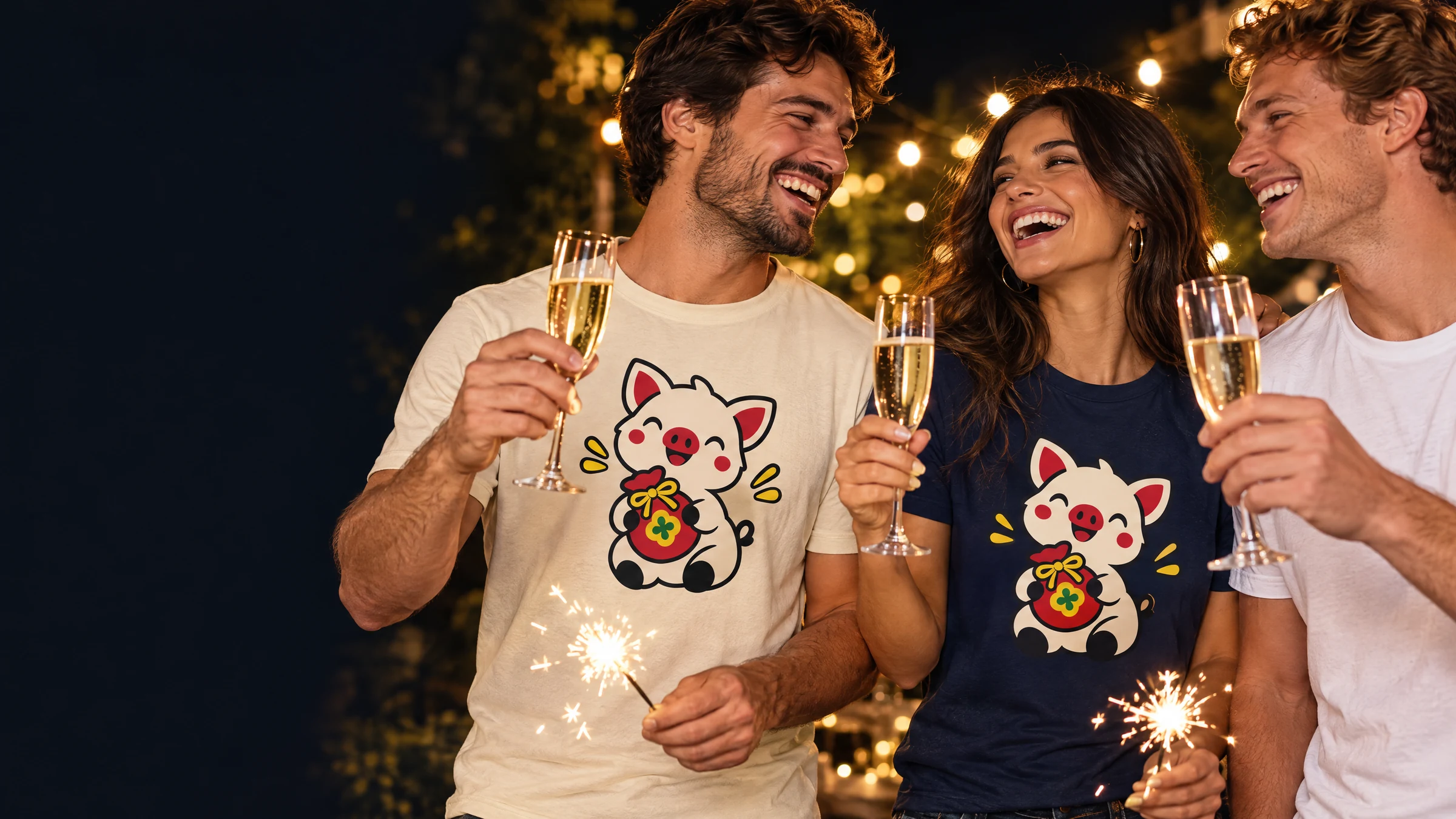Silvester und Neujahr: Freunde beim Jahreswechsel mit den Bügelbild-Motiven Glücksschwein im Comic-Stil