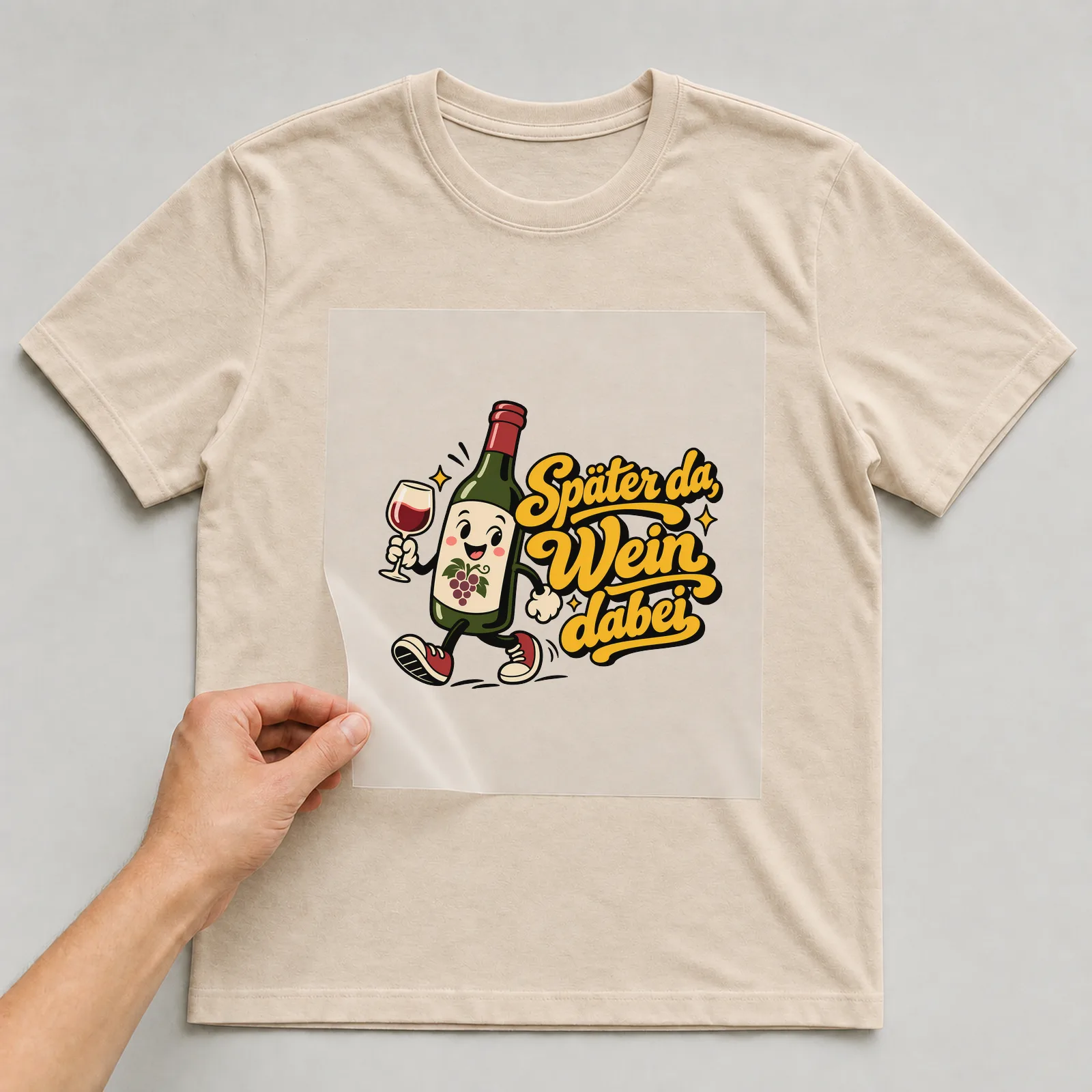 Bügelbild „Später da, Wein dabei“ auf beigem T-Shirt, Folie wird aufgelegt