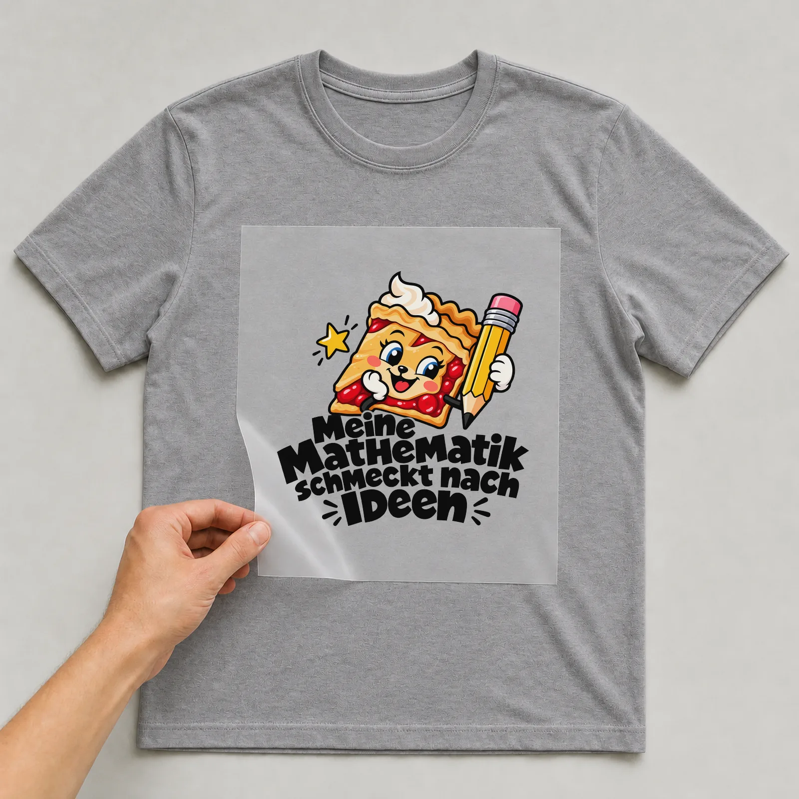 Bügelbild „Meine Mathematik schmeckt nach Ideen“ auf grauem T-Shirt, Folie wird aufgelegt