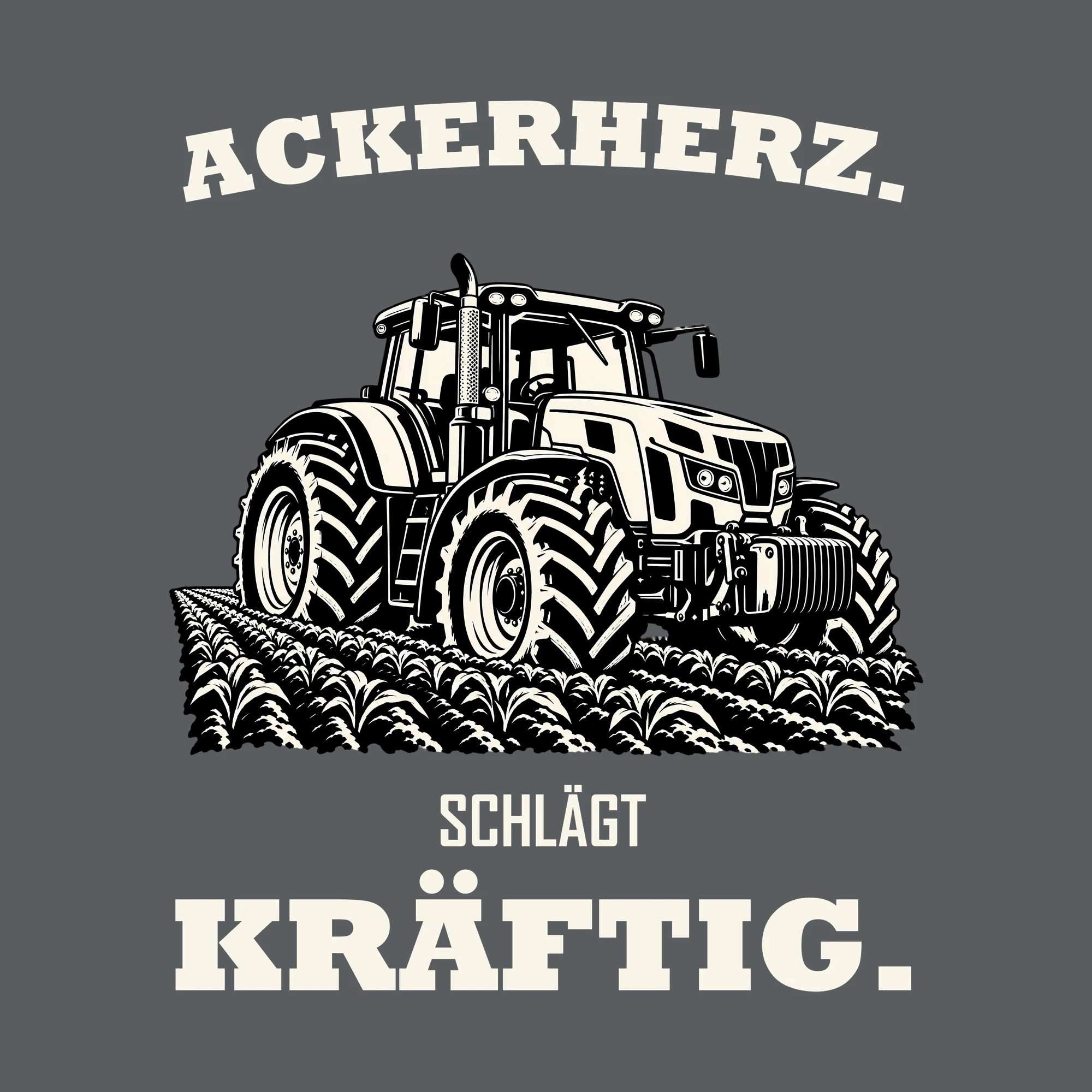 Bügelbild ACKERHERZ. SCHLÄGT KRÄFTIG. als Grafik auf dunklem Hintergrund (BB012726)