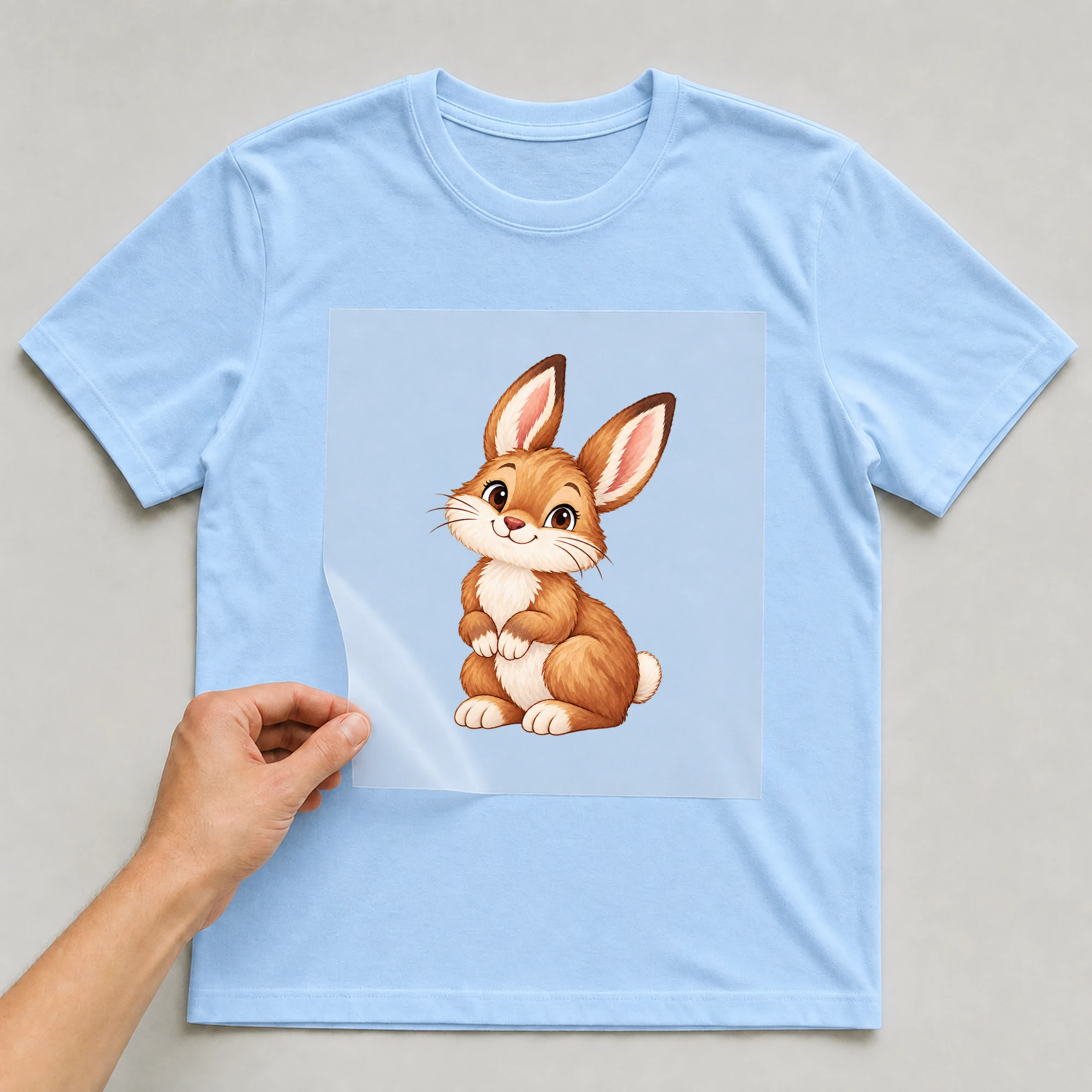 Bügelbild „Chinesisches Zeichen Jahr Des Hasen“ auf babyblauem T-Shirt, Folie wird aufgelegt