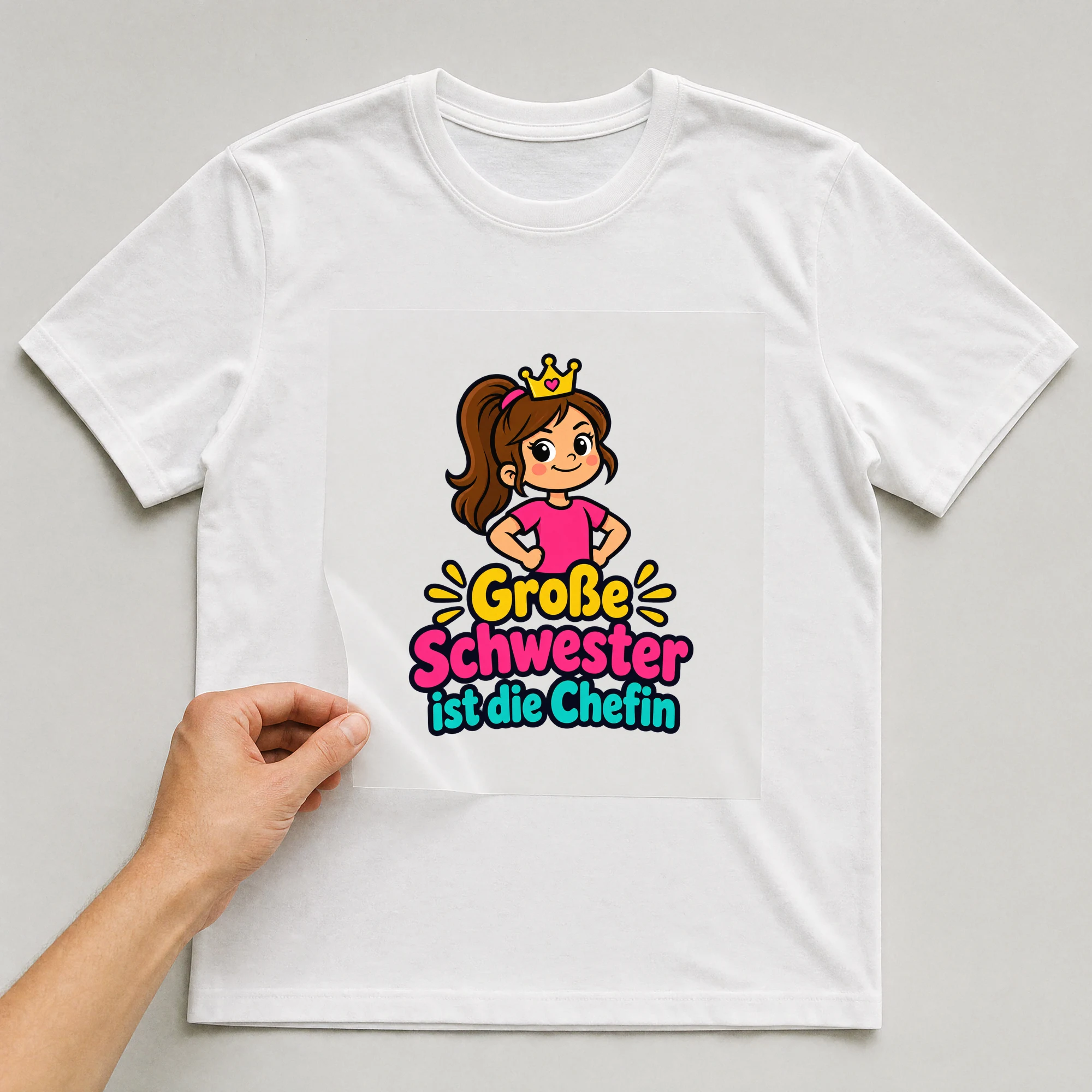 Bügelbild „Große Schwester ist die Chefin“ auf weißem T-Shirt, Folie wird aufgelegt