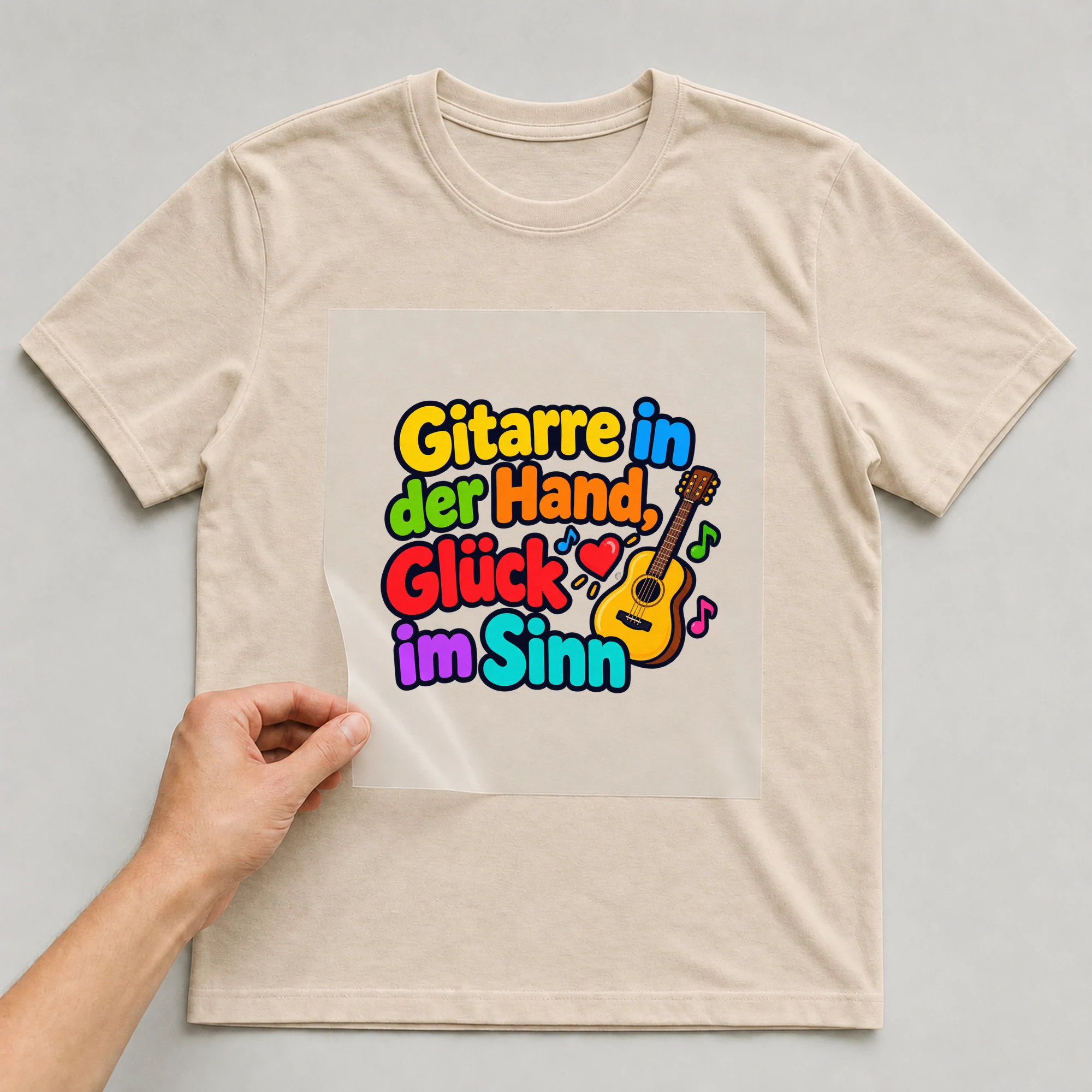 Bügelbild „Gitarre in der Hand, Glück im Sinn“ auf beigem T-Shirt, Folie wird aufgelegt