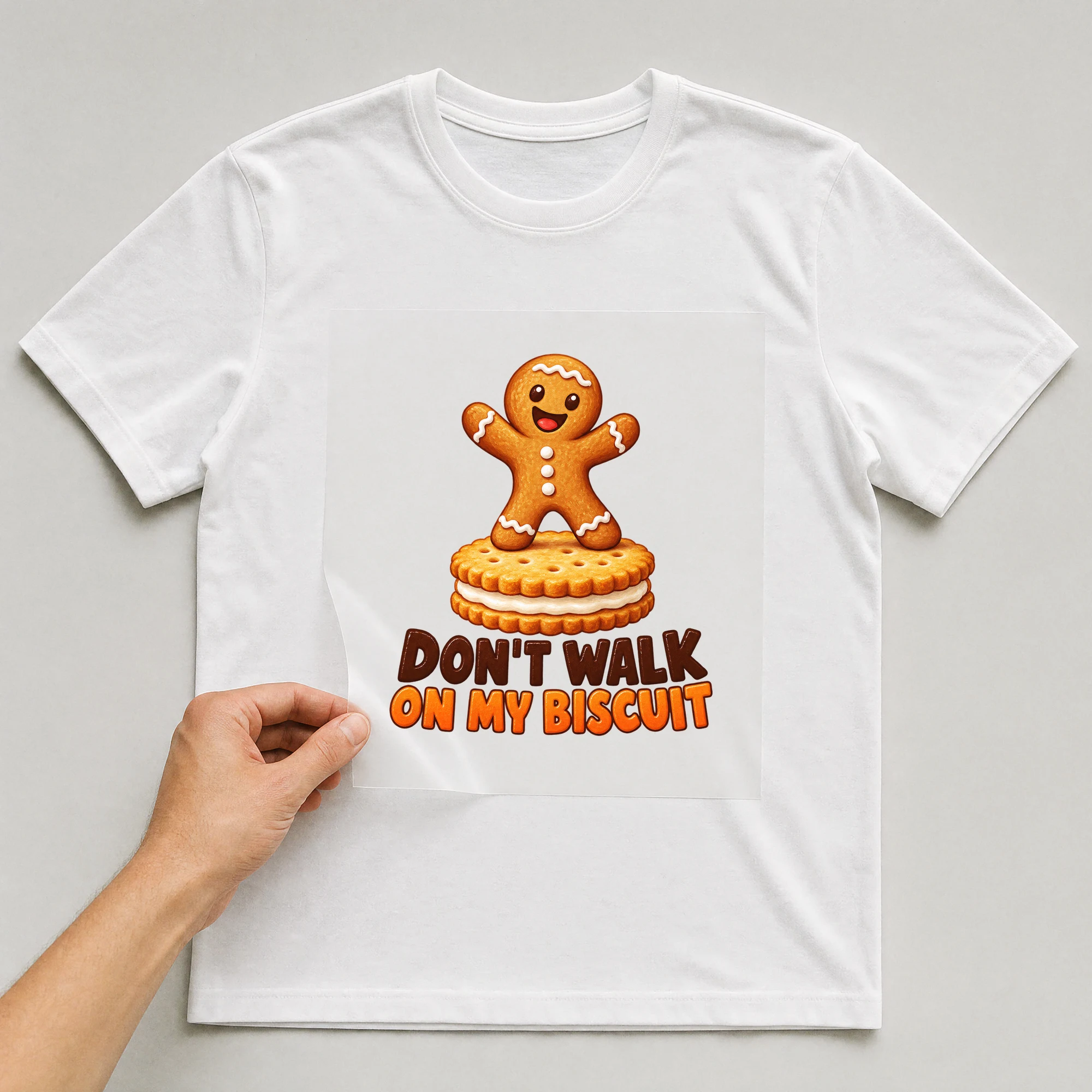 Bügelbild „Don't Walk On My Biscuit“ auf weißem T-Shirt, Folie wird aufgelegt