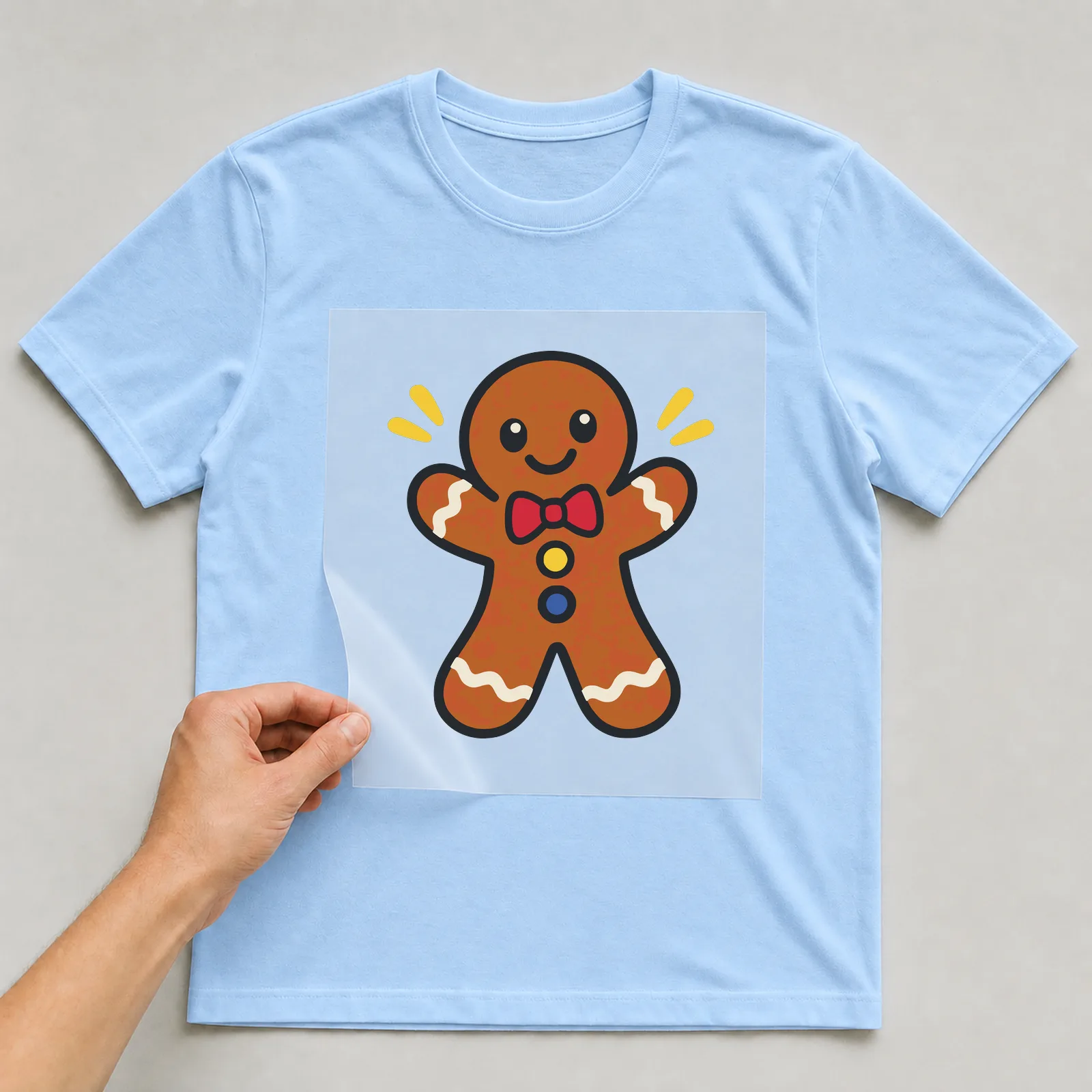 Bügelbild Lebkuchenmann im Comic-Stil auf hellblauem T-Shirt, Folie wird aufgelegt
