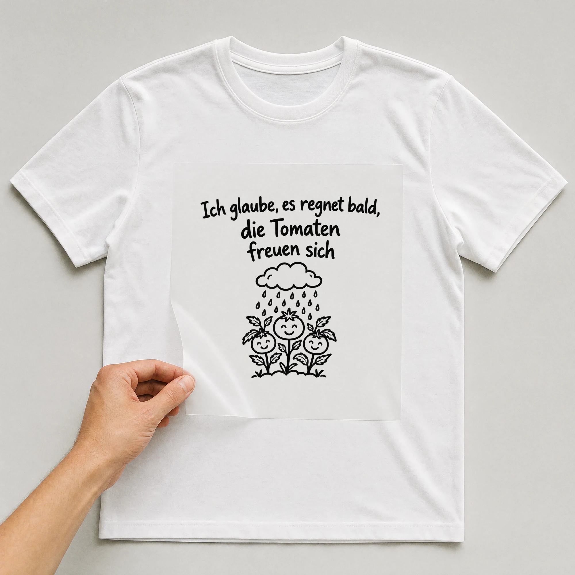 Bügelbild „Ich glaube es regnet bald die“ auf weißem T-Shirt, Folie wird aufgelegt