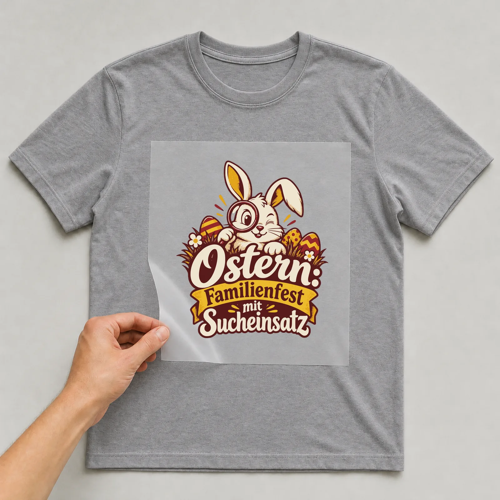 Bügelbild Ostern: Familienfest mit Sucheinsatz auf grauem T-Shirt, Folie wird aufgelegt