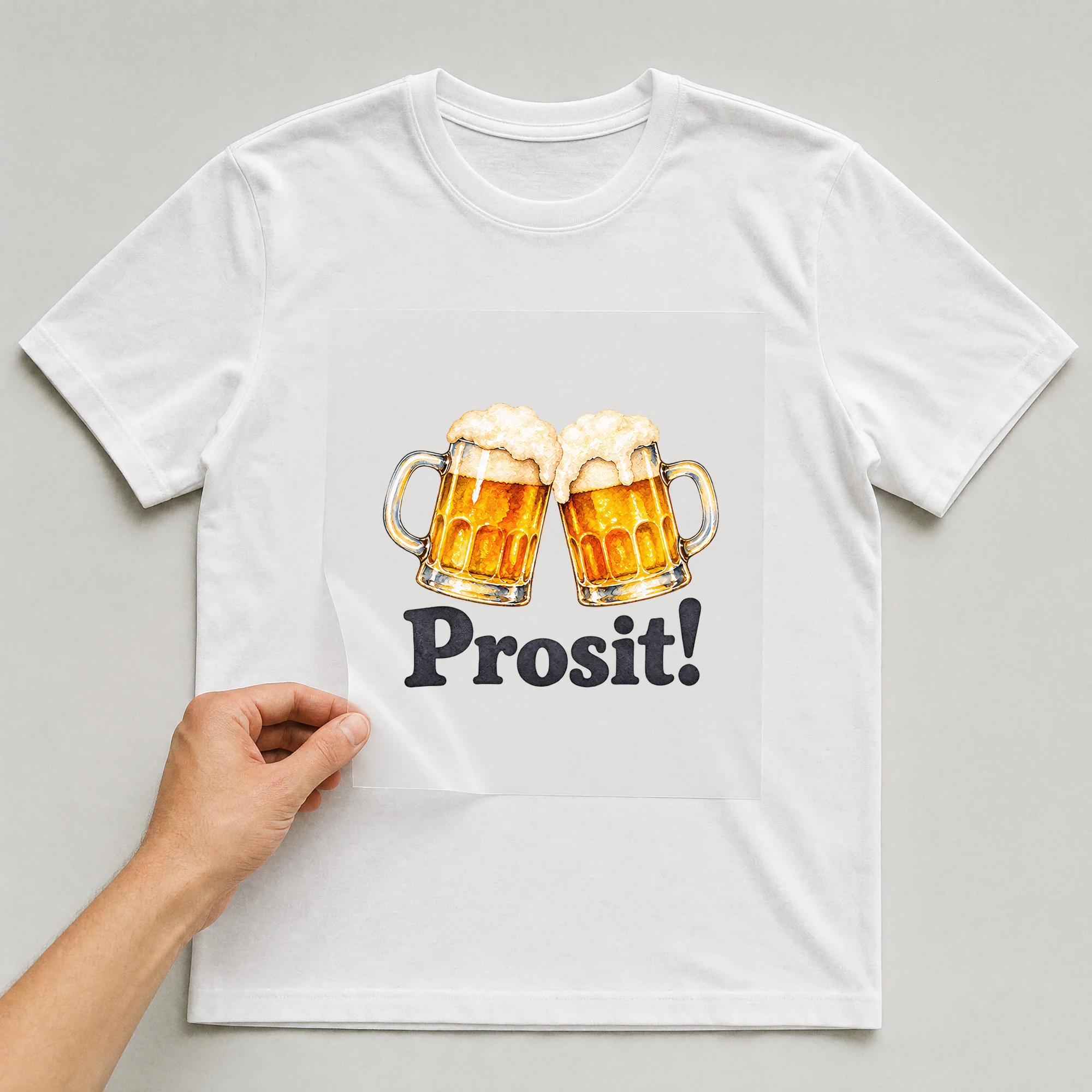 Bügelbild „Prosit!“ auf weißem T-Shirt, Folie wird aufgelegt