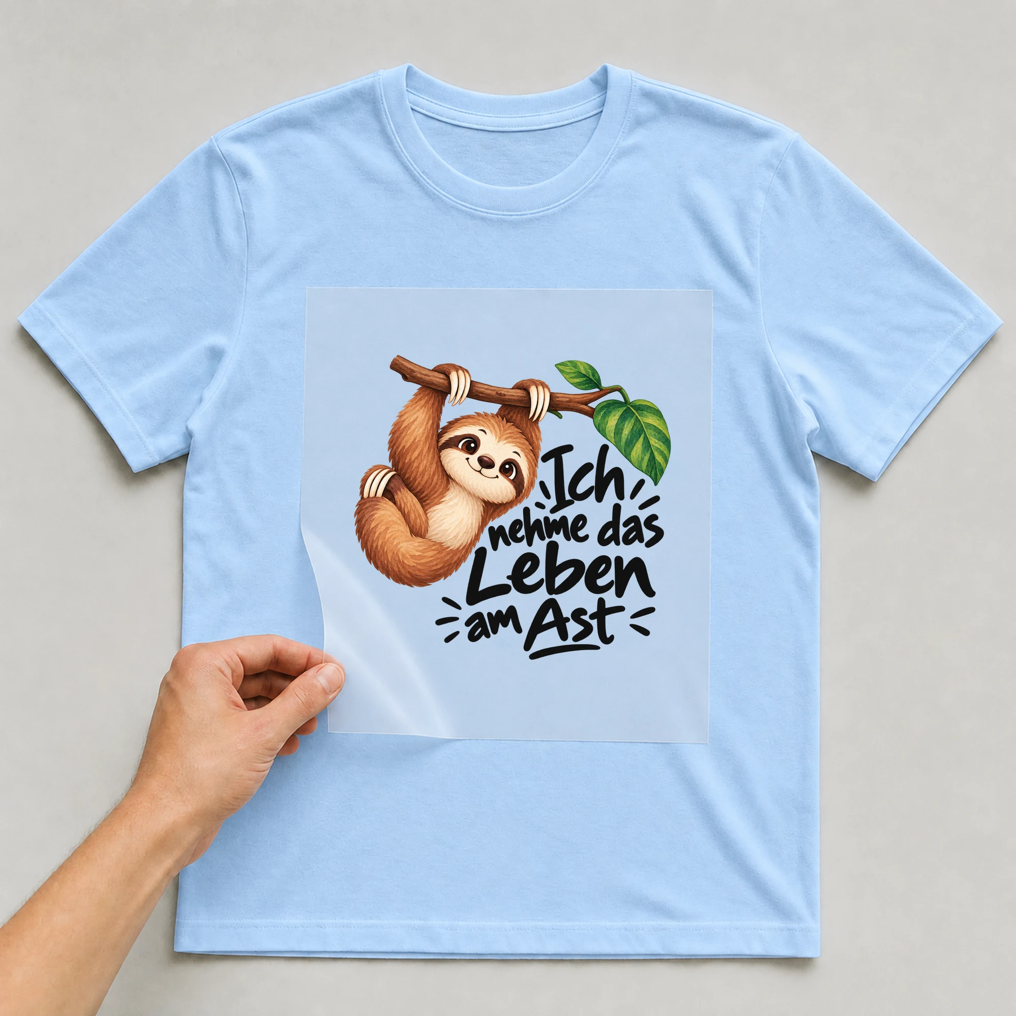 Bügelbild „Ich nehme das Leben am Ast“ auf hellblauem T-Shirt, Folie wird aufgelegt