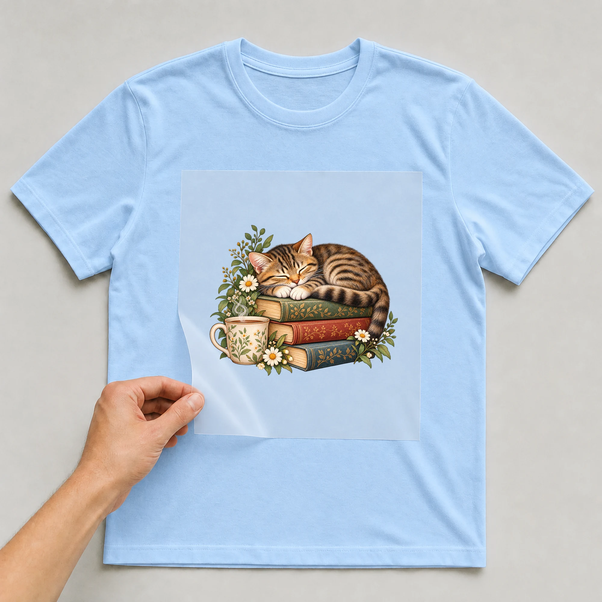 Bügelbild „Lesende Katze“ auf babyblauem T-Shirt, Folie wird aufgelegt