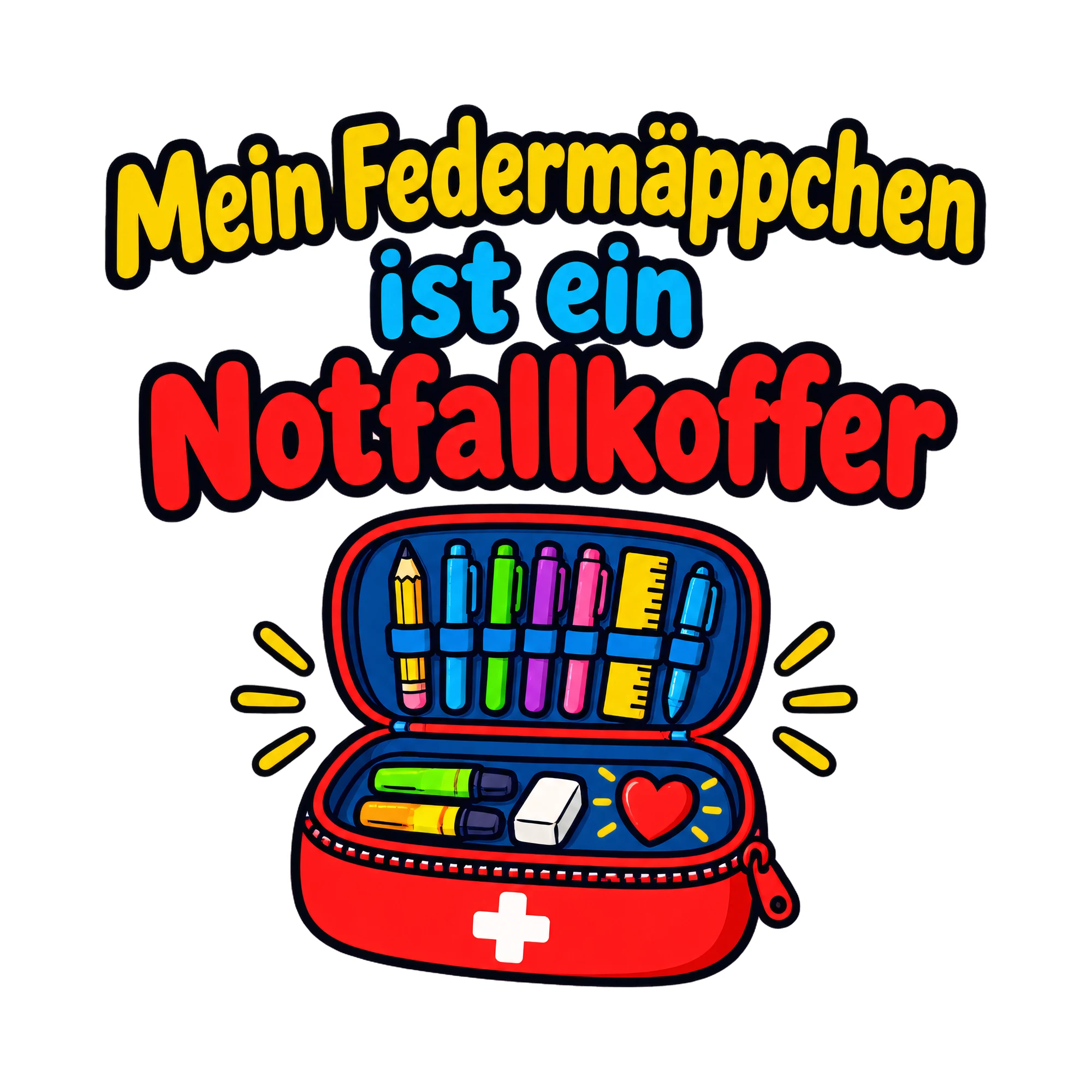 Bügelbild Mein Federmäppchen ist ein Notfallkoffer, Lustiger Shirt Spruch als Grafik auf weißem Hintergrund (BB020123)