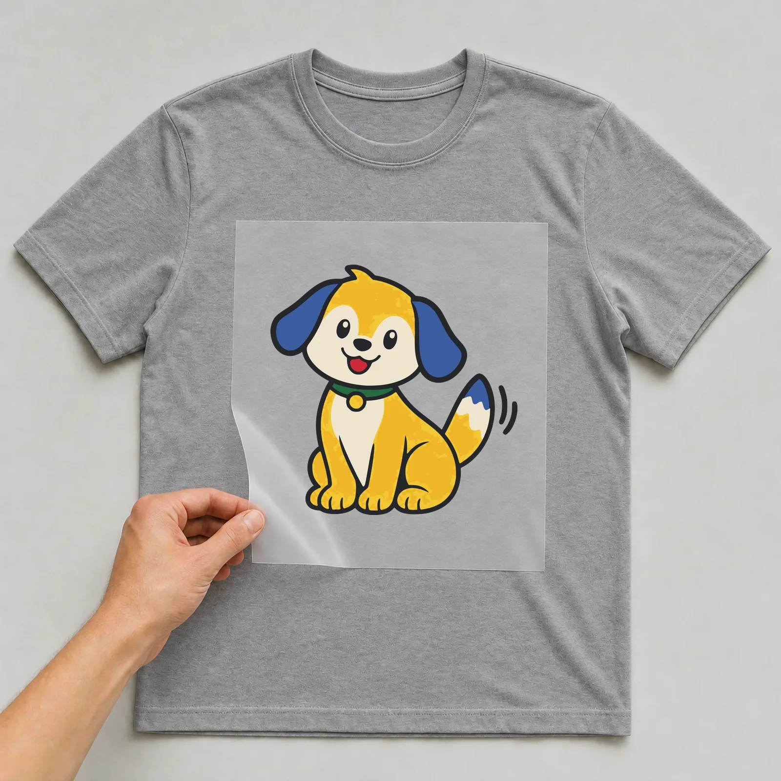 Bügelbild Hund im Comic-Stil auf grauem T-Shirt, Folie wird aufgelegt