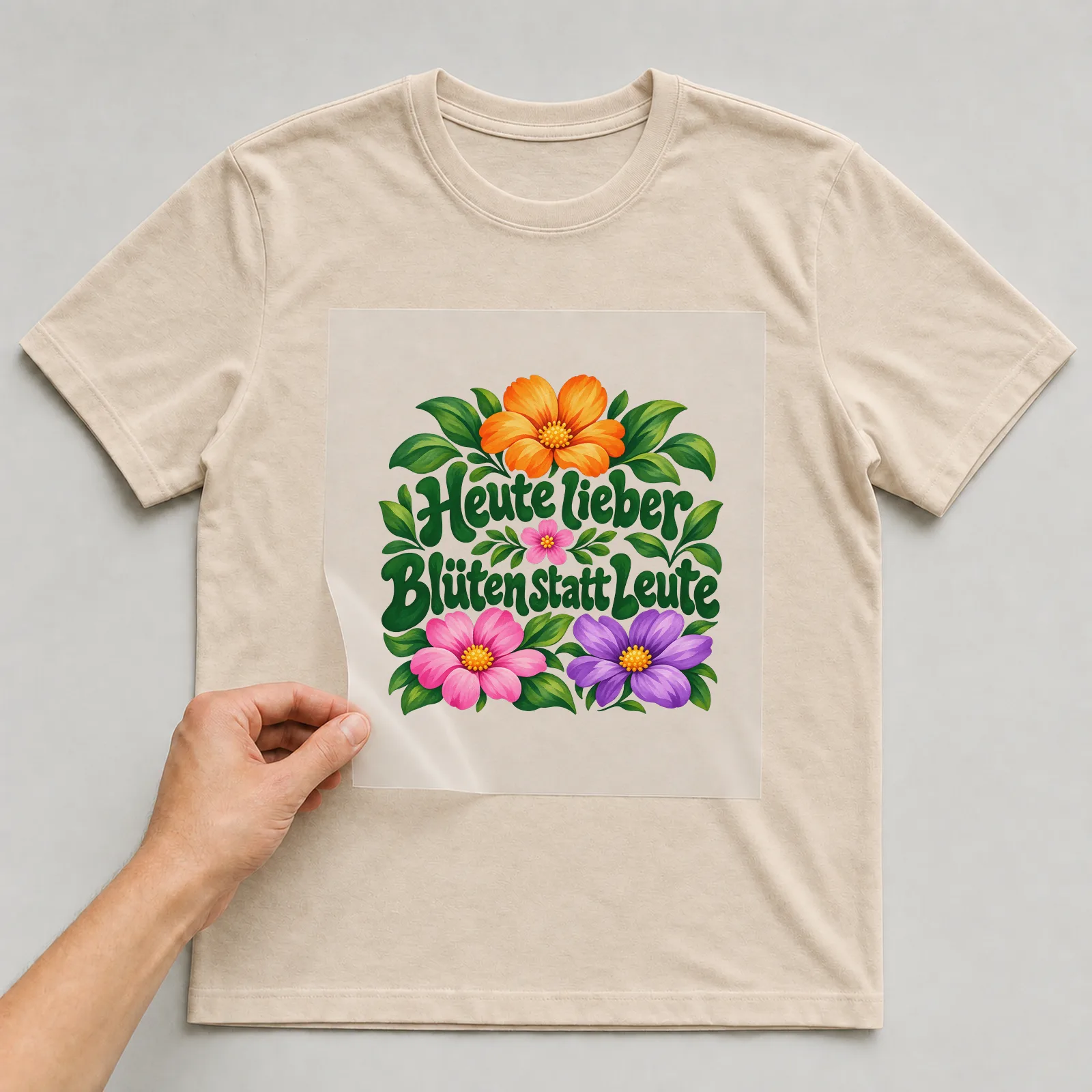 Bügelbild „Heute lieber Blüten statt Leute“ auf beigem T-Shirt, Folie wird aufgelegt