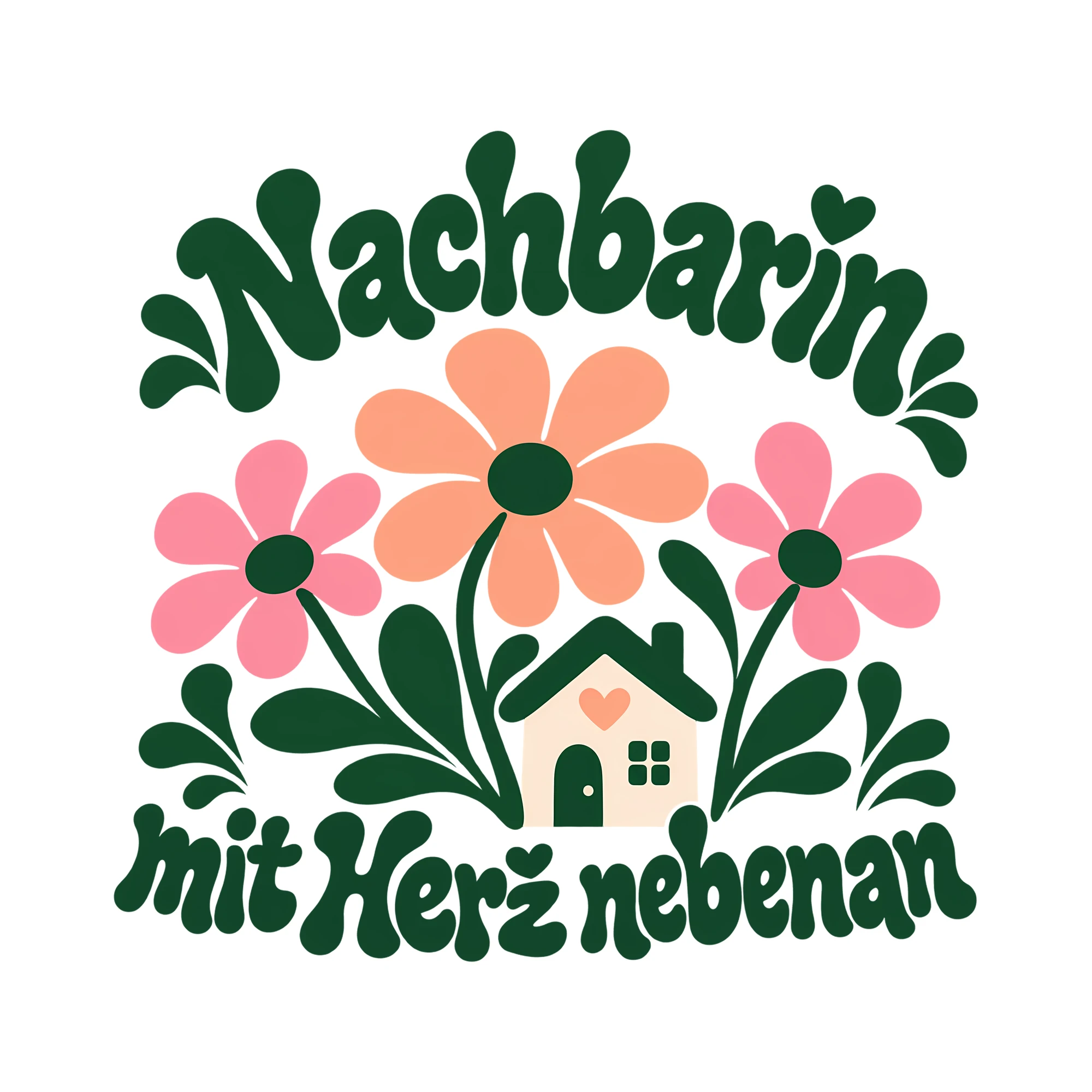 Bügelbild Nachbarin mit Herz nebenan als Grafik auf weißem Hintergrund (BB013572)