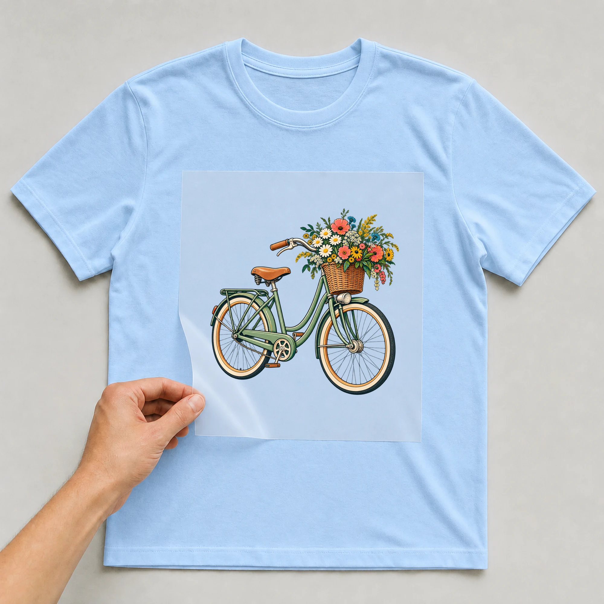 Bügelbild „Fahrrad mit Blumen“ auf babyblauem T-Shirt, Folie wird aufgelegt