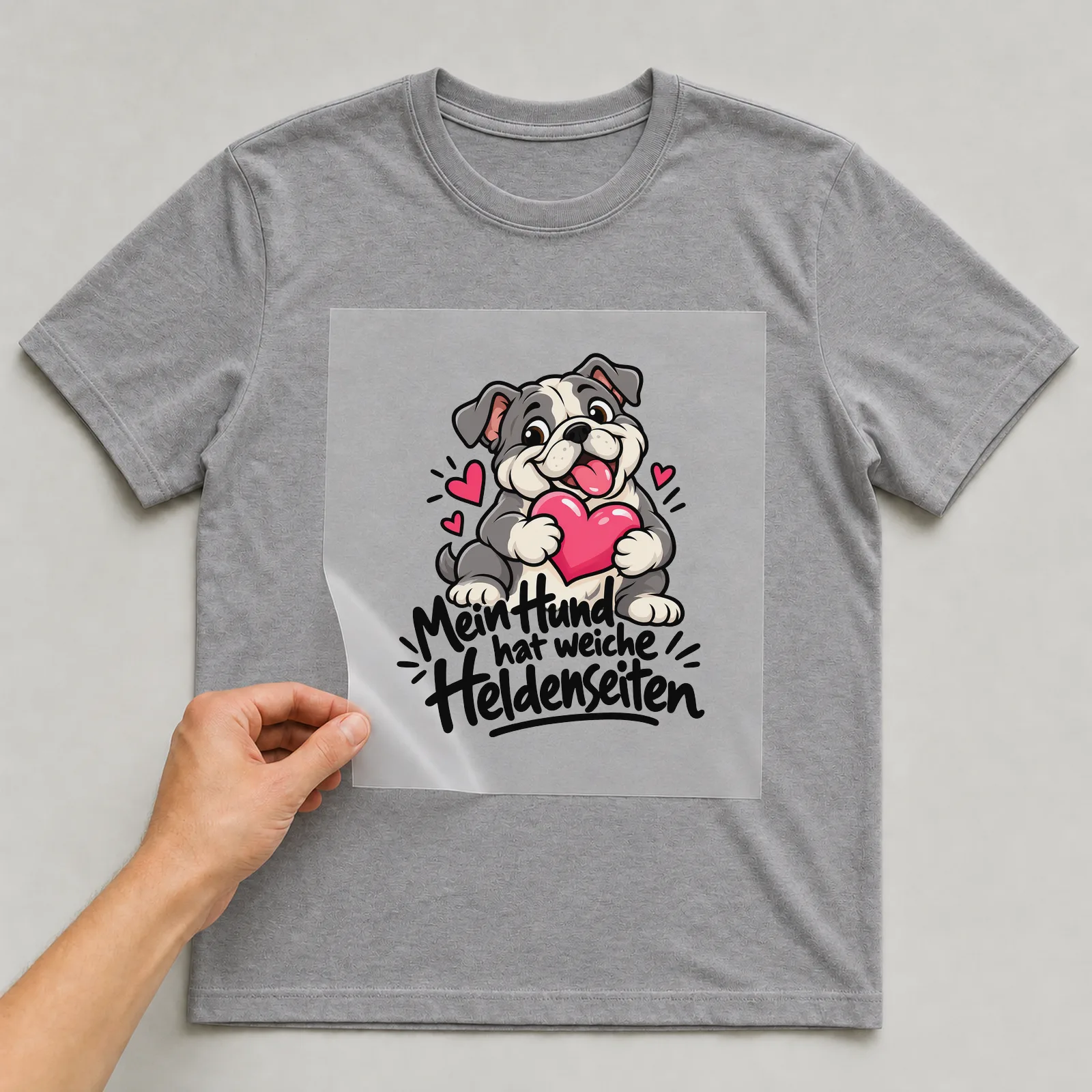 Bügelbild „Mein Hund hat weiche Heldenseiten“ auf grauem T-Shirt, Folie wird aufgelegt
