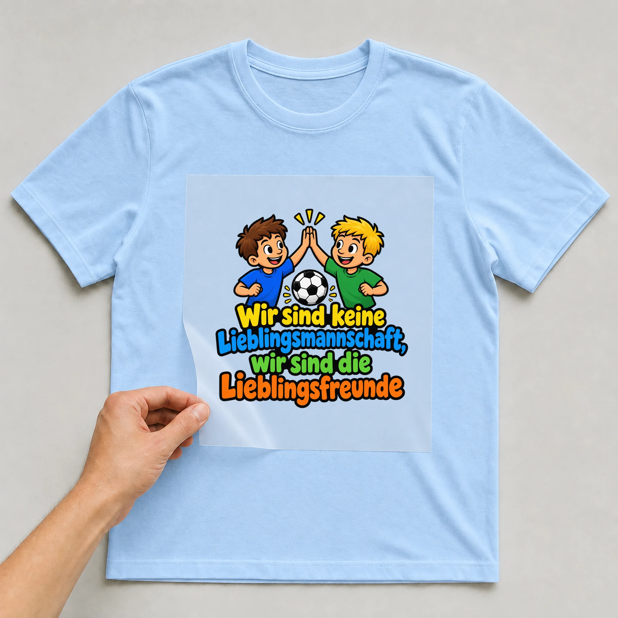 Bügelbild „Wir sind keine Lieblingsmannschaft, wir sind die Lieblingsfreunde“ auf babyblauem T-Shirt, Folie wird aufgelegt