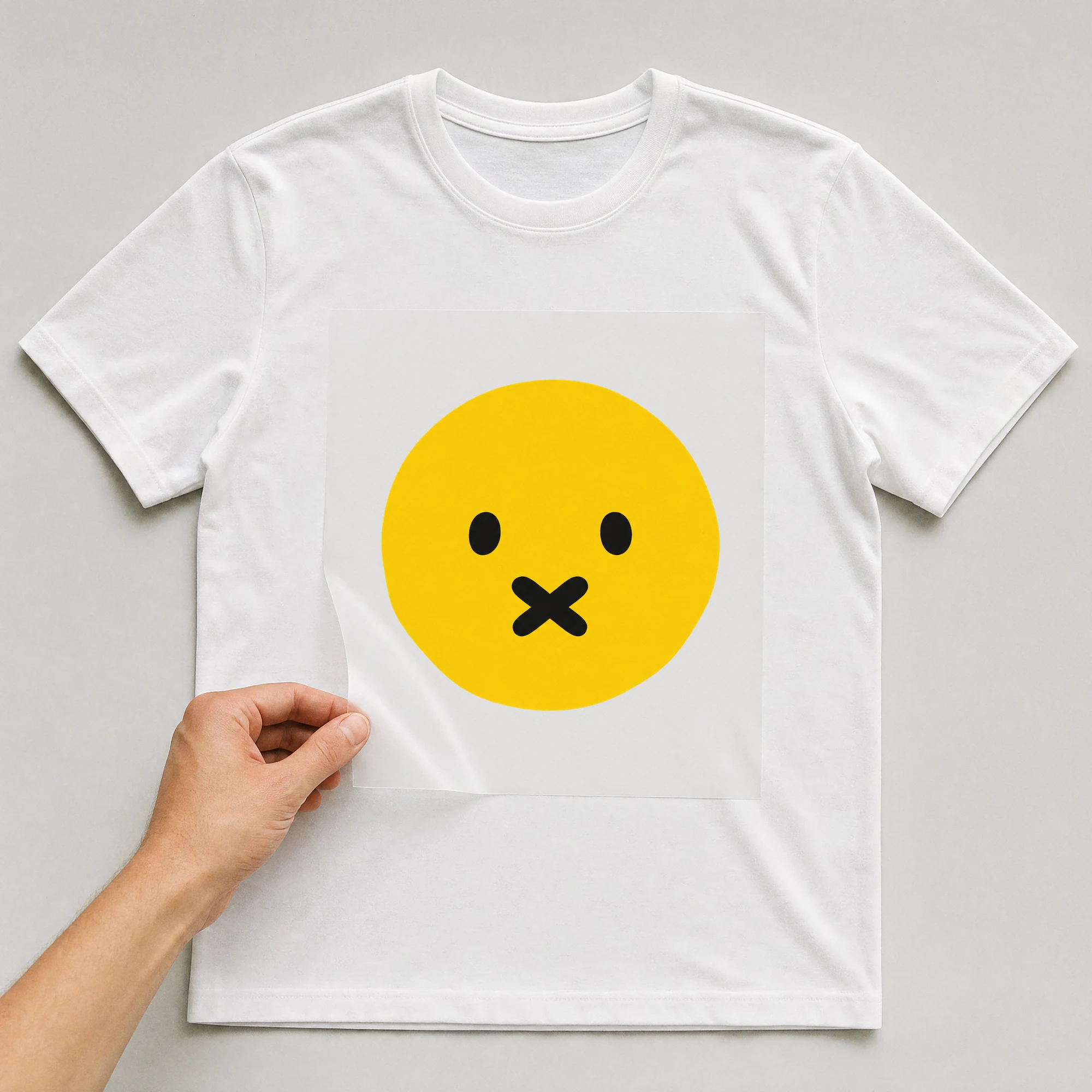 Bügelbild „Silent Smiley“ auf weißem T-Shirt, Folie wird aufgelegt