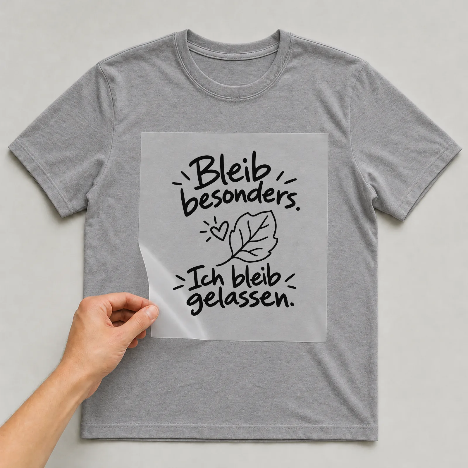 Bügelbild „Bleib besonders. Ich bleib gelassen.“ auf grauem T-Shirt, Folie wird aufgelegt