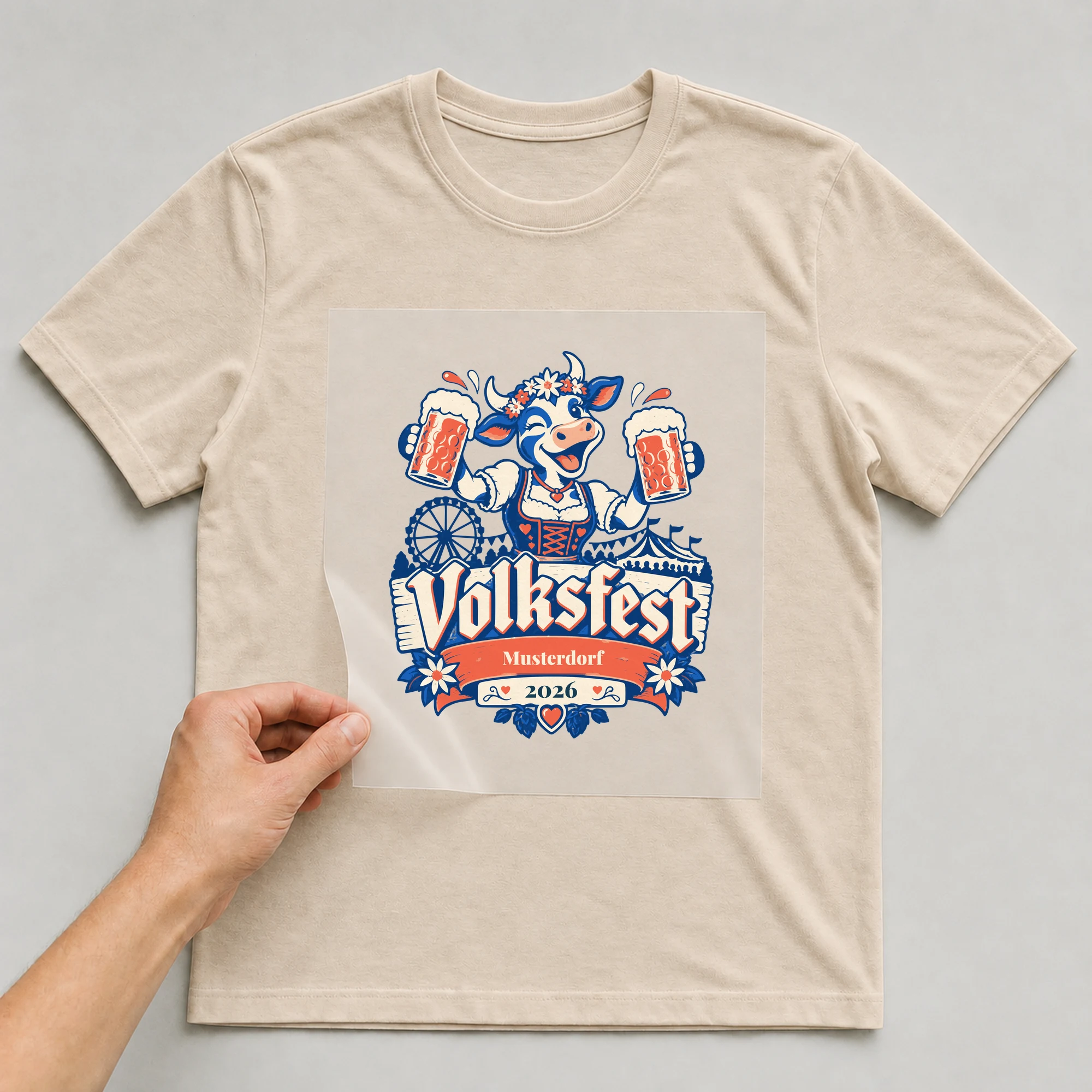 Bügelbild Volksfest mit Ort und Jahr auf beigem T-Shirt, Folie wird aufgelegt