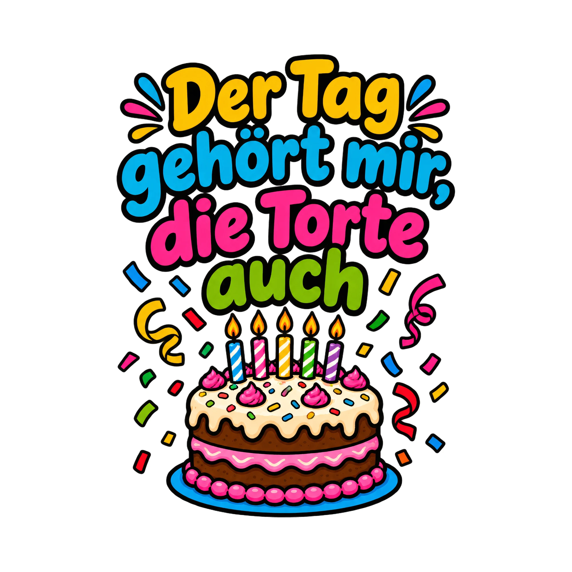 Bügelbild Der Tag gehört mir, die Torte auch, Geburtstagsshirt Spruch als Grafik auf weißem Hintergrund (BB018371)