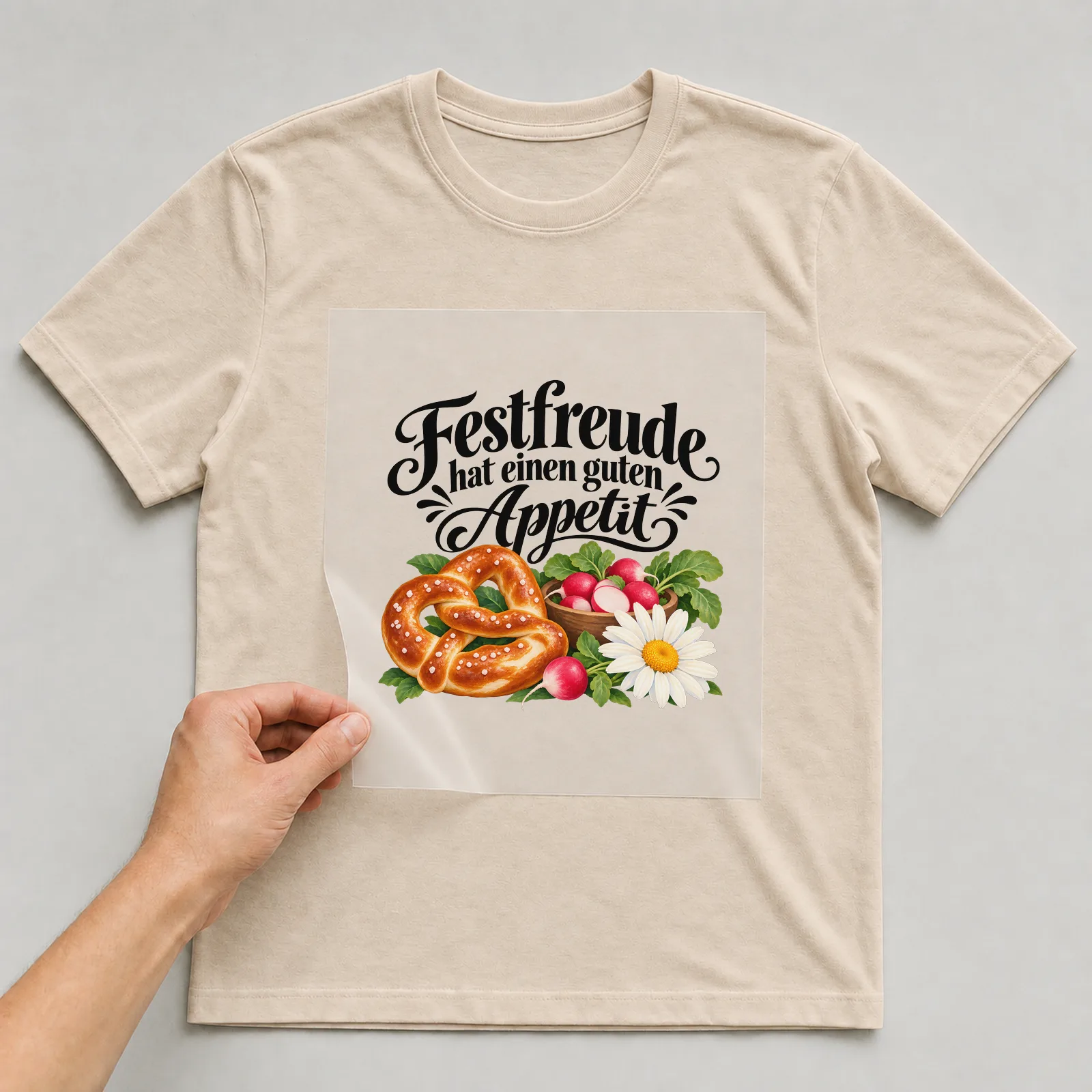 Bügelbild „Festfreude hat einen guten Appetit“ auf beigem T-Shirt, Folie wird aufgelegt