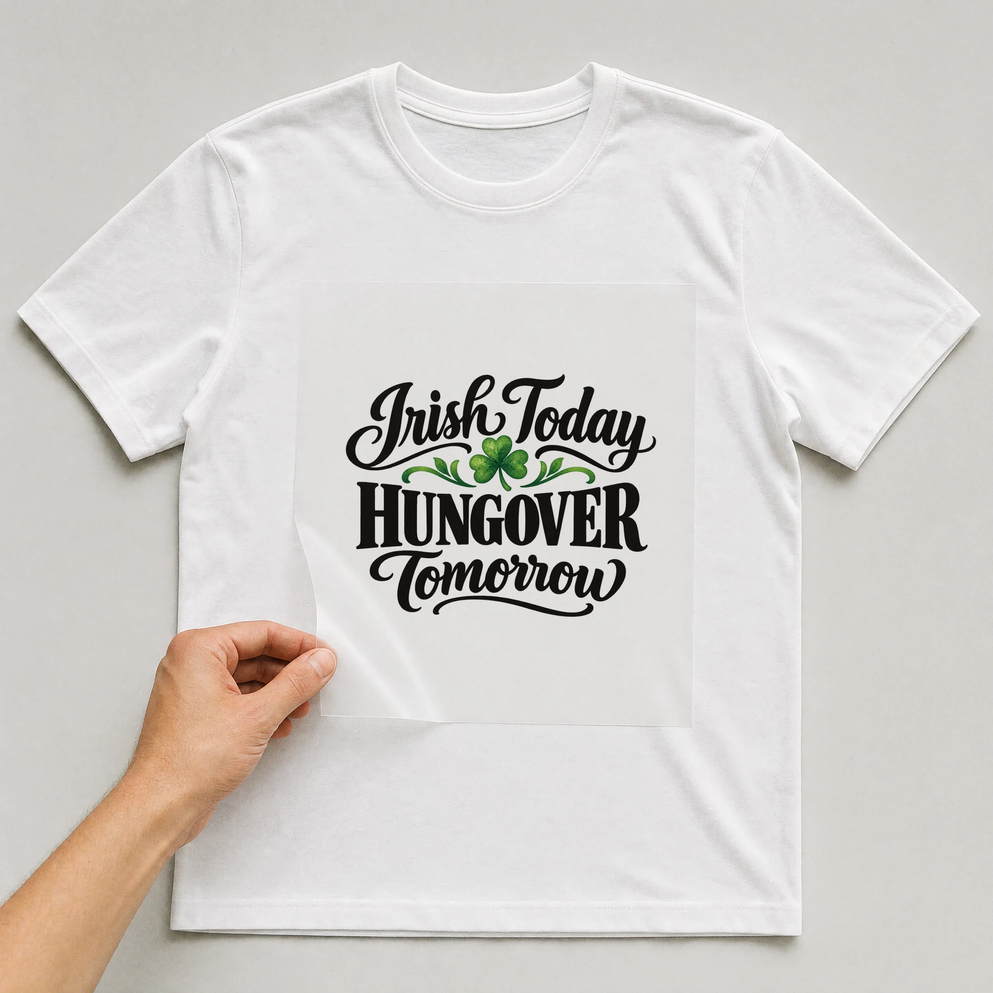 Bügelbild „Irish Today HUNGOVER Tomorrow“ auf weißem T-Shirt, Folie wird aufgelegt
