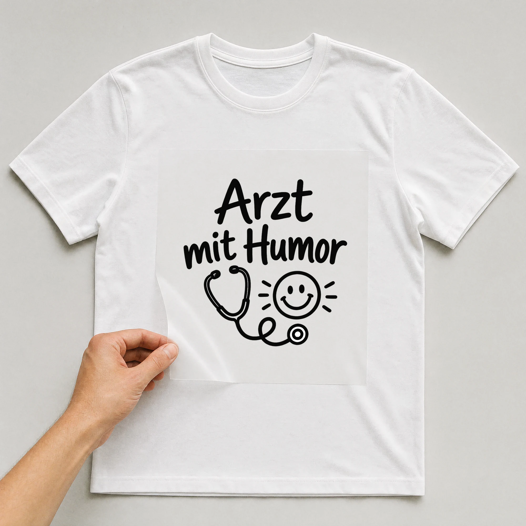 Bügelbild „Arzt mit Humor“ auf weißem T-Shirt, Folie wird aufgelegt