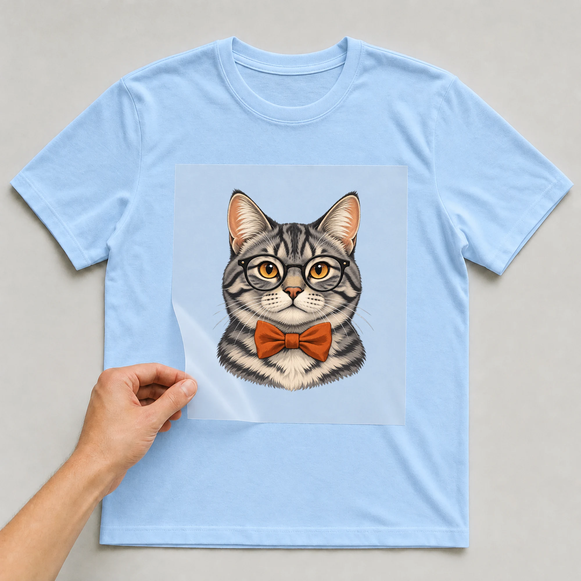 Bügelbild „Hipster Kater Mit Fliege“ auf babyblauem T-Shirt, Folie wird aufgelegt