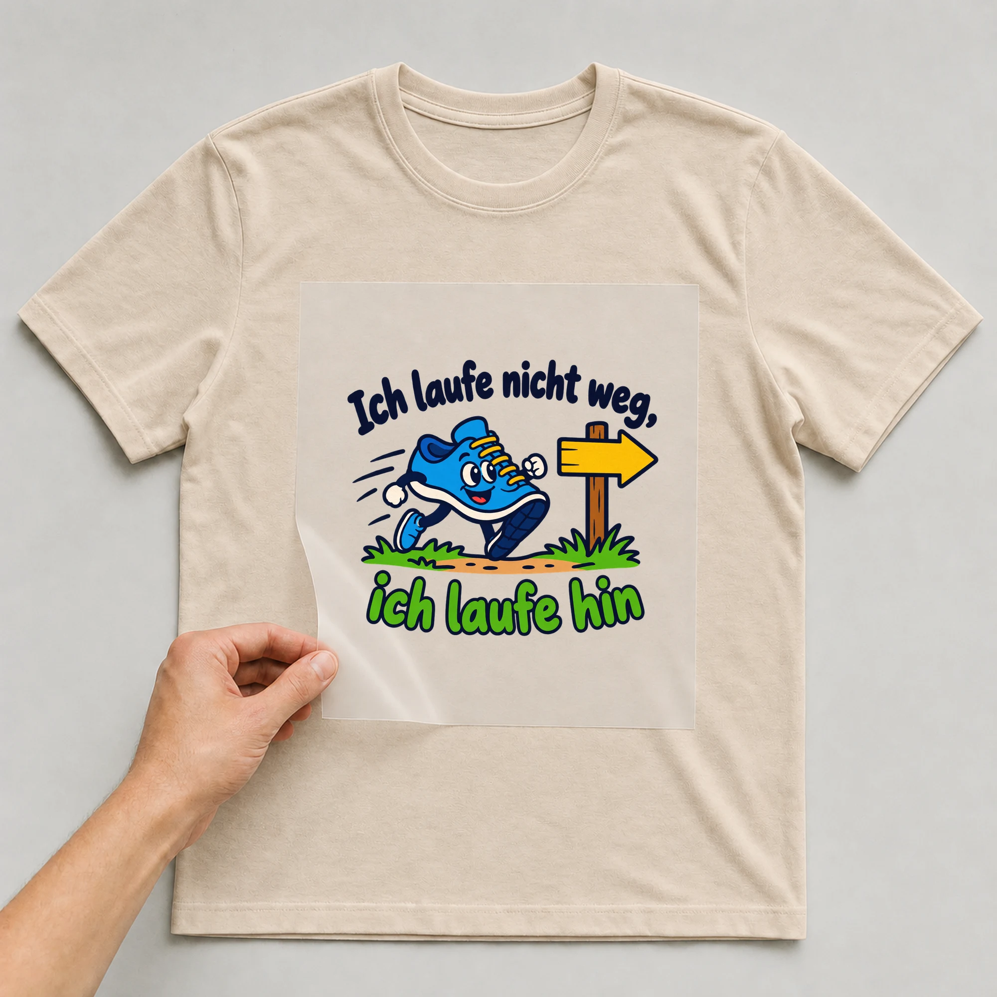 Bügelbild „Ich laufe nicht weg, ich laufe hin“ auf beigem T-Shirt, Folie wird aufgelegt